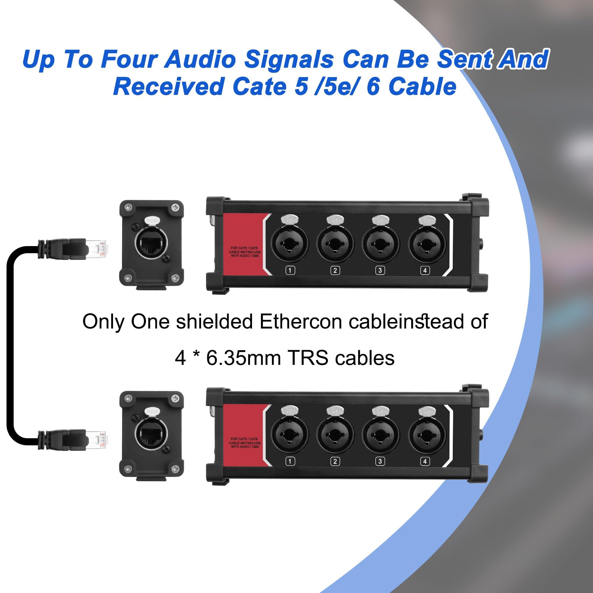 XMSJSIY Snake Box 4 canaux Multi Audio Snake Box 4,6,35 mm 1/4" TRS stéréo femelle vers RJ45 Ethercon femelle Extendeur sur Ethernet Cat5/6 pour son de scène et studio d'enregistrement (B)