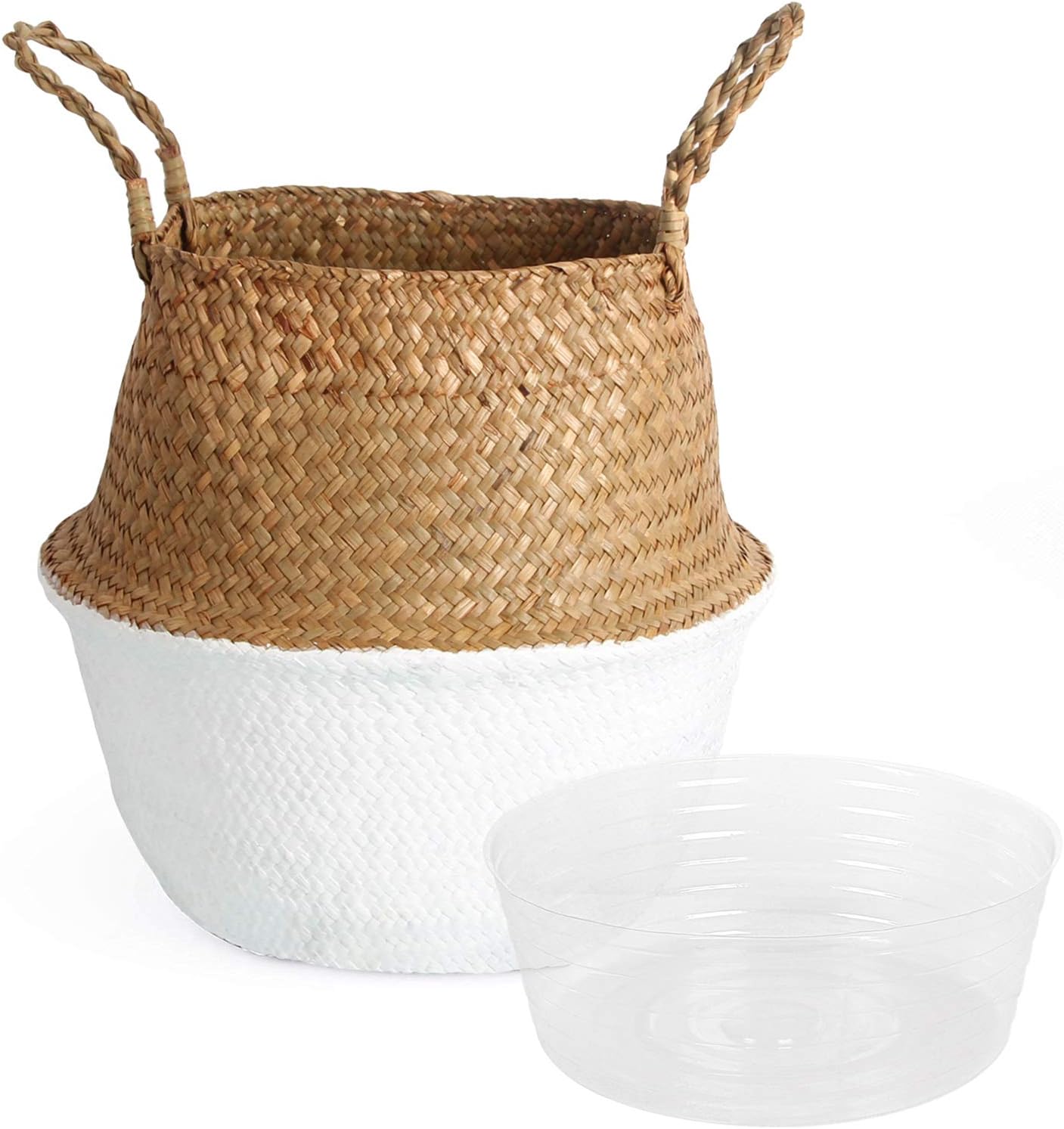 BlueMake Woven Seagrass Belly Basket with Handles for Storage Plant Pot Basket,Toy, Laundry, Picnic and Grocery Basket with Plastic Tray(Medium,White)