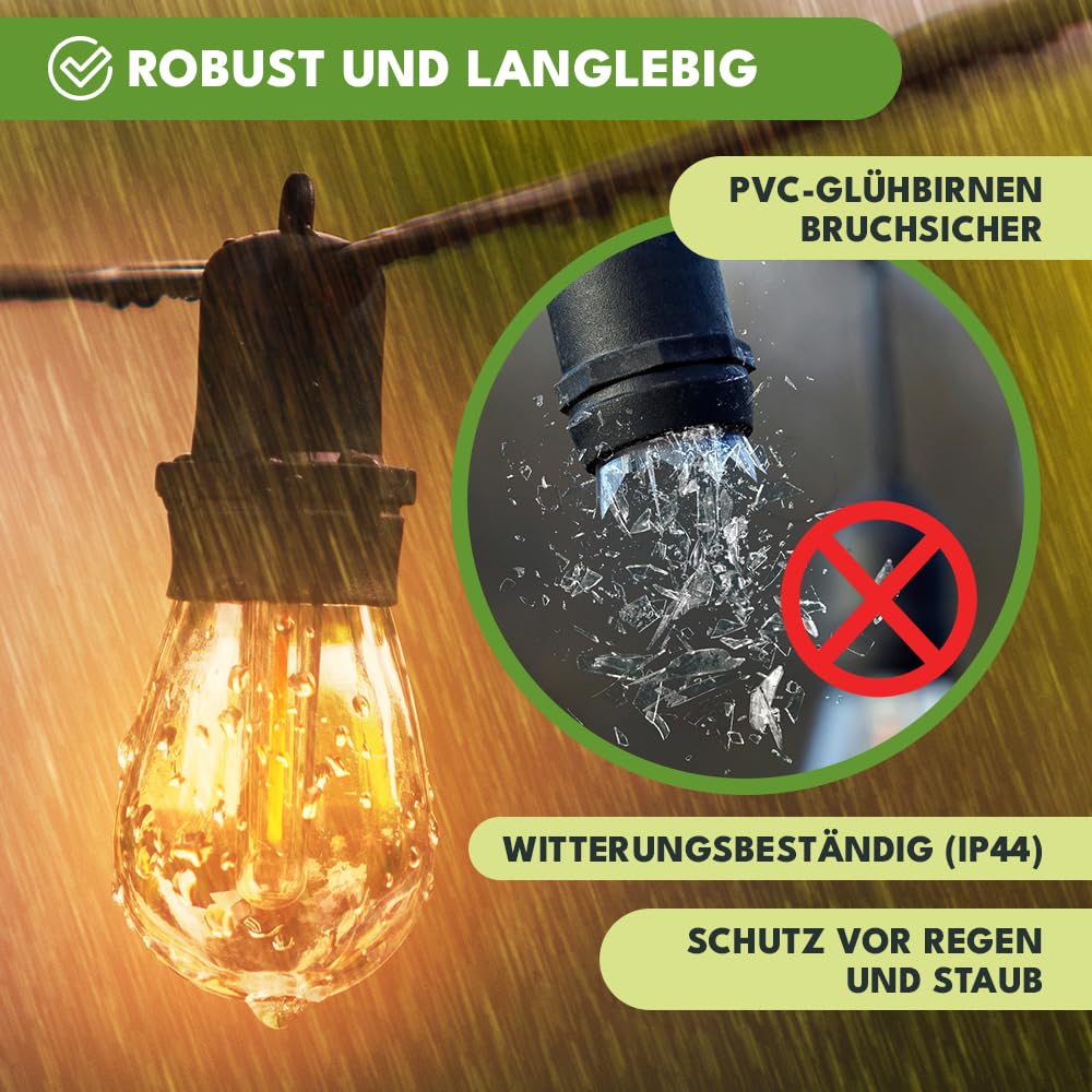 KRUMAD Cadena de luces LED para exteriores de 10 m, bombillas E27 de luz blanca cálida 2700K, IP44 resistente a la intemperie, iluminación para fiestas para jardín, balcón, terraza, cadena de luces