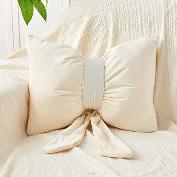 Uvvyui Beige Bow Pillow, Cute Bow Throw Pillow for Bed, Soft Velvet Bow Decorative Pillows 17"x13" Aesthetic Bow Room Decor Plush Pillow for Sofa Bedroom Living Room