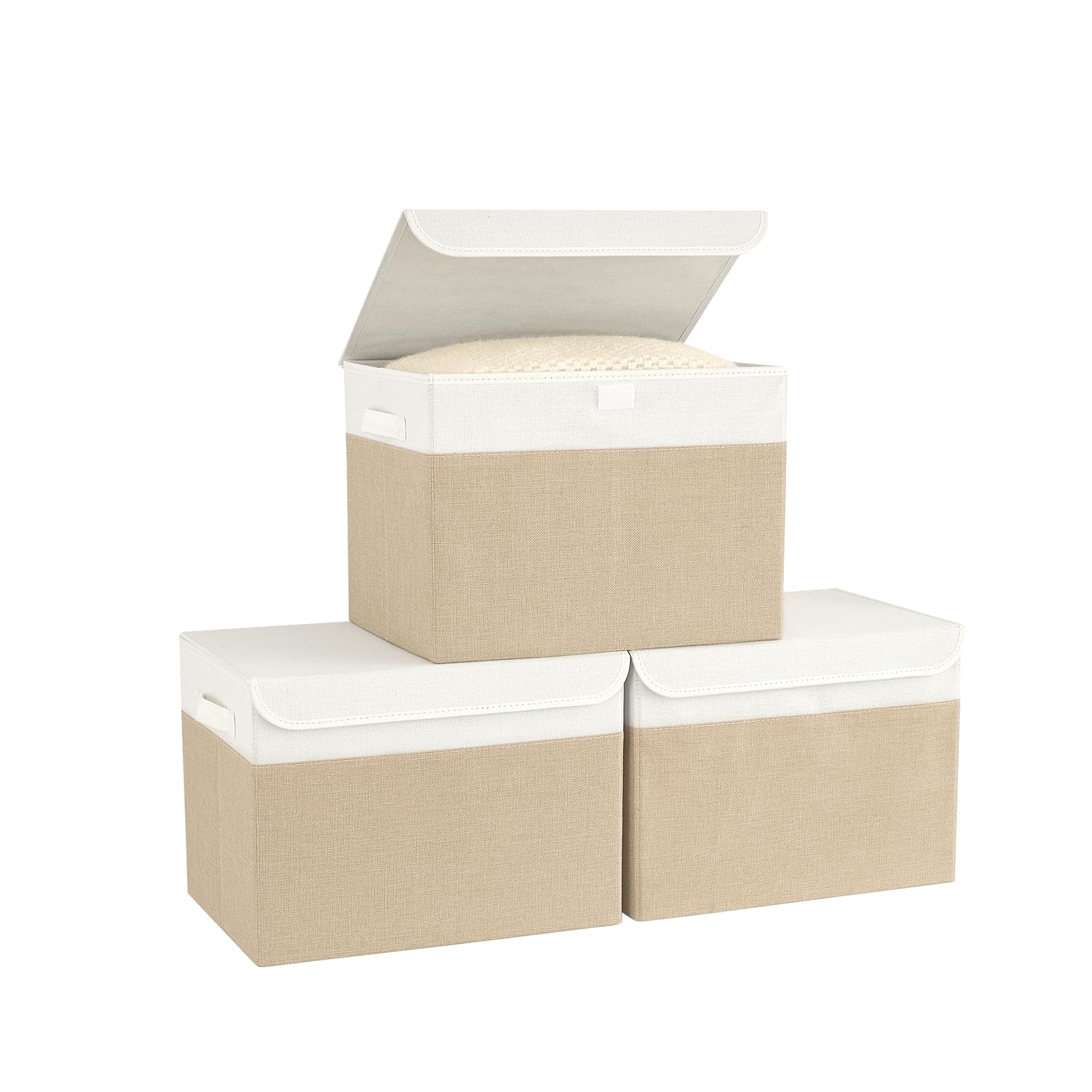 Bagnizer Lot de 3 boîtes de rangement pliables en tissu avec couvercles et poignées pour vêtements, jouets - Pour armoire, chambre à coucher, bureau - Blanc et beige - 25 x 20 x 15 cm Global Recycled Standard Global Recycled Standard Global Recycled Standard