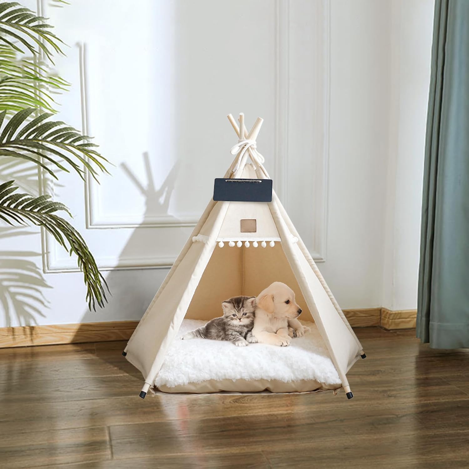 24 Inch Tall Pet Tent, Dog & Cat Teepee Portable with Cushion and Small Chalkboard Washable Indoor Dog House Puppy Sweet Bed for Pets Under 7Kg
