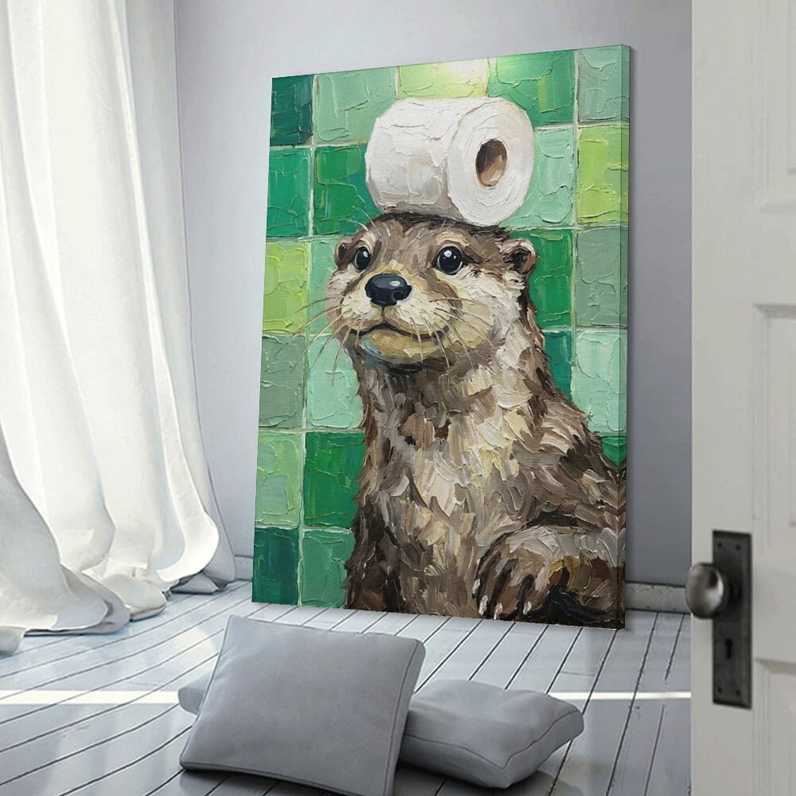 Junmoney Otter with Toilet Paper Hat Wall Decor Canvas Print 24x36inch(60x90cm), for Lounge, Study, Hallway Or Flat Walls, Decorative Artwork with Broad Appeal