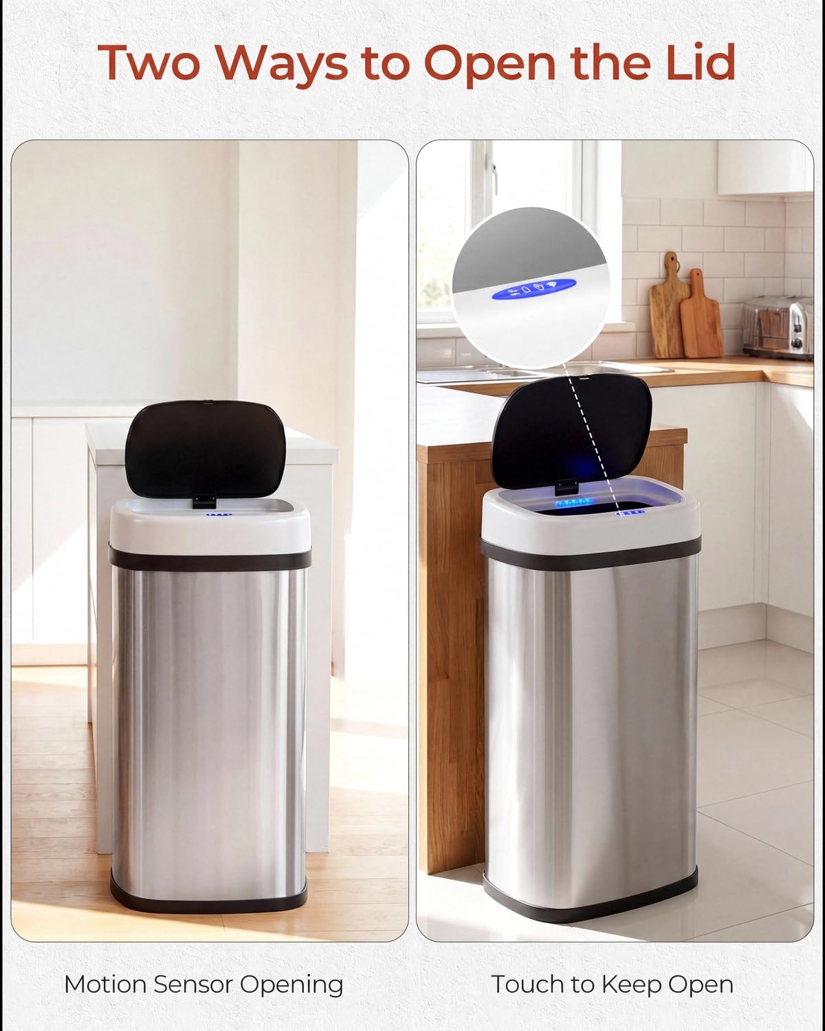 TLSUNNY 13.2 Gallon (50L) Large Motion Sensor Trash Can | Automatic Touchless Garbage Bin with Soft-Close Lid, Stainless Steel, Wave or Touch to Open, for Kitchen/Office, Sliver