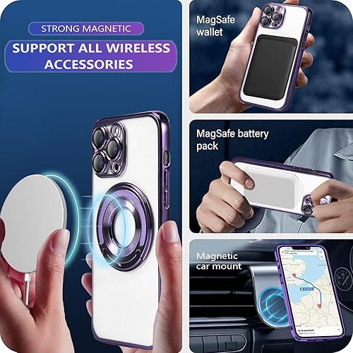 Miniatura 10 de Funda magnética con soporte invisible para iPhone 15 Pro Max, compatible con MagSafe, protector de lente de cámara integrado, chapado de lujo,