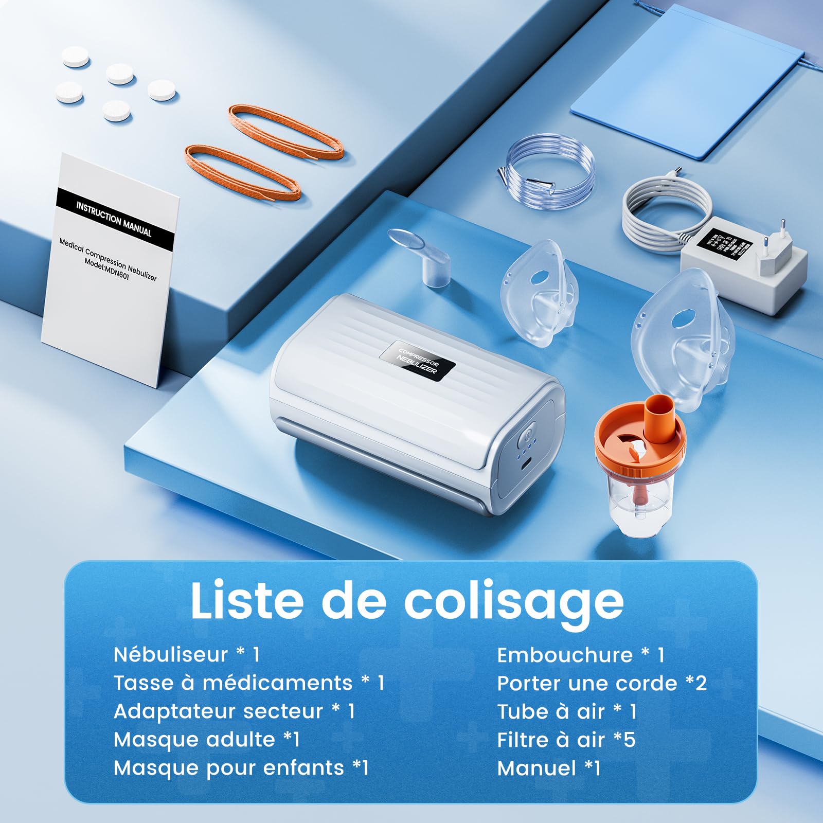 Nébuliseur à Ultrasons à Compresseur Silencieux - Nébuliseur Inhalateur Portable Puissance, Adapté Aux Enfants et Aux Adultes, Avec Tuyau Respiratoire et 2 Masques, Vitesse de Nébulisation Réglable