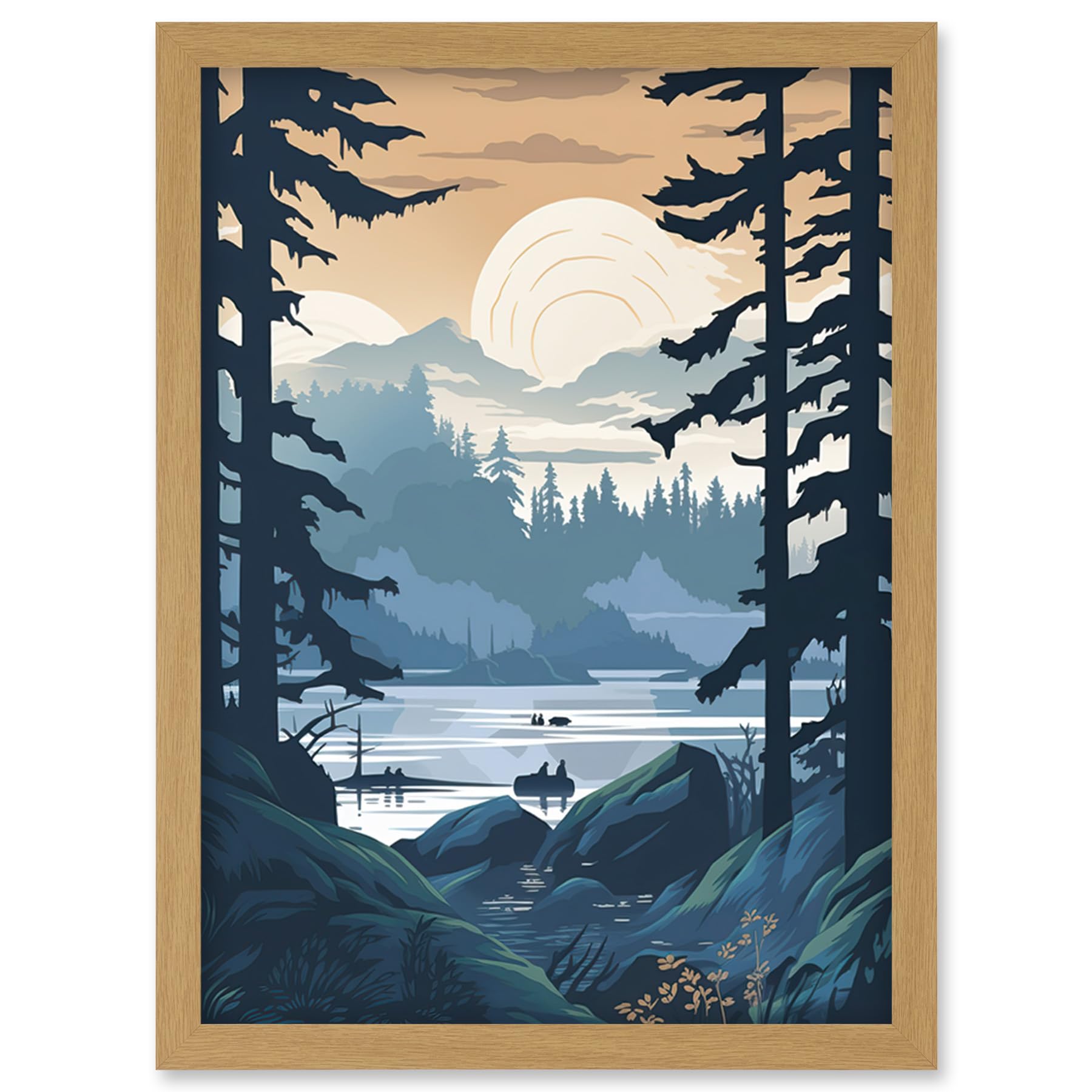 Artery8 Lake View in Rainforest Landscape Illustration Artwork Framed Wall Art Print A4