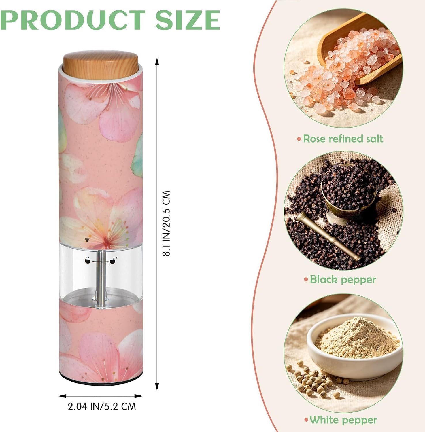 ALAZA Electric Pepper Grinder with Adjustable Coarseness, Soft Watercolor Flowers Pattern Battery Automatic Salt and Pepper Mill with Led, One-Handed Operation Spice Grinder for Kitchen, Camping & BBQ