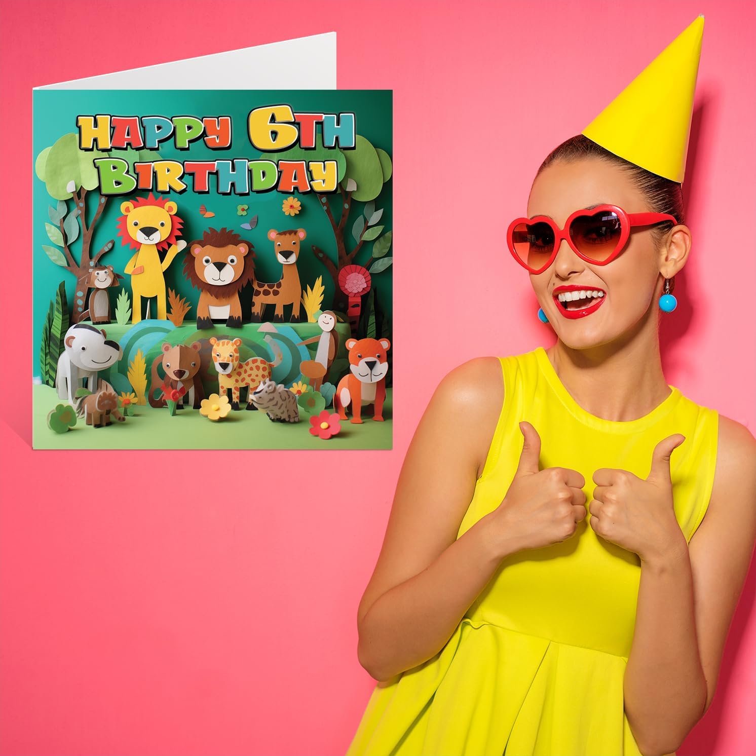 Stuff4 6th Birthday Card for Boys Girls - Jungle Animals - Happy Birthday Card 6 Year Old Boy Girl, Sixth Birthday Cards for Him Her, 5.7 x 5.7 Inch Greeting Cards for Nephew Niece Children Kids