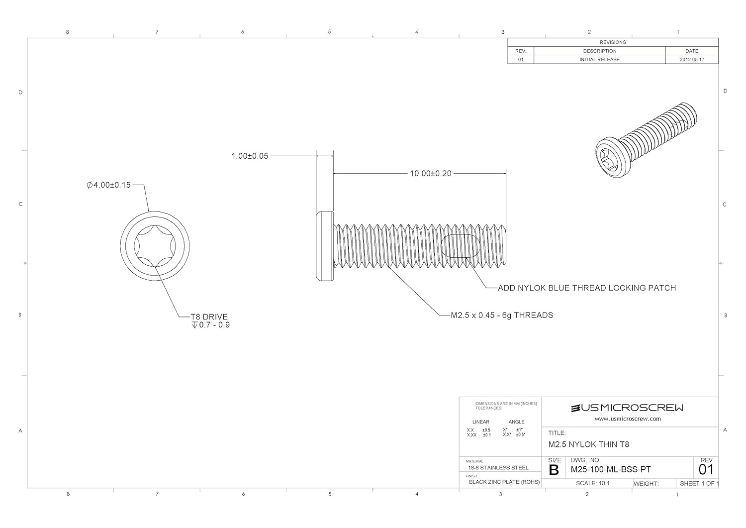 M2.50.45 X 10mm Machine Screw with Thread Lock Black Stainless Steel
