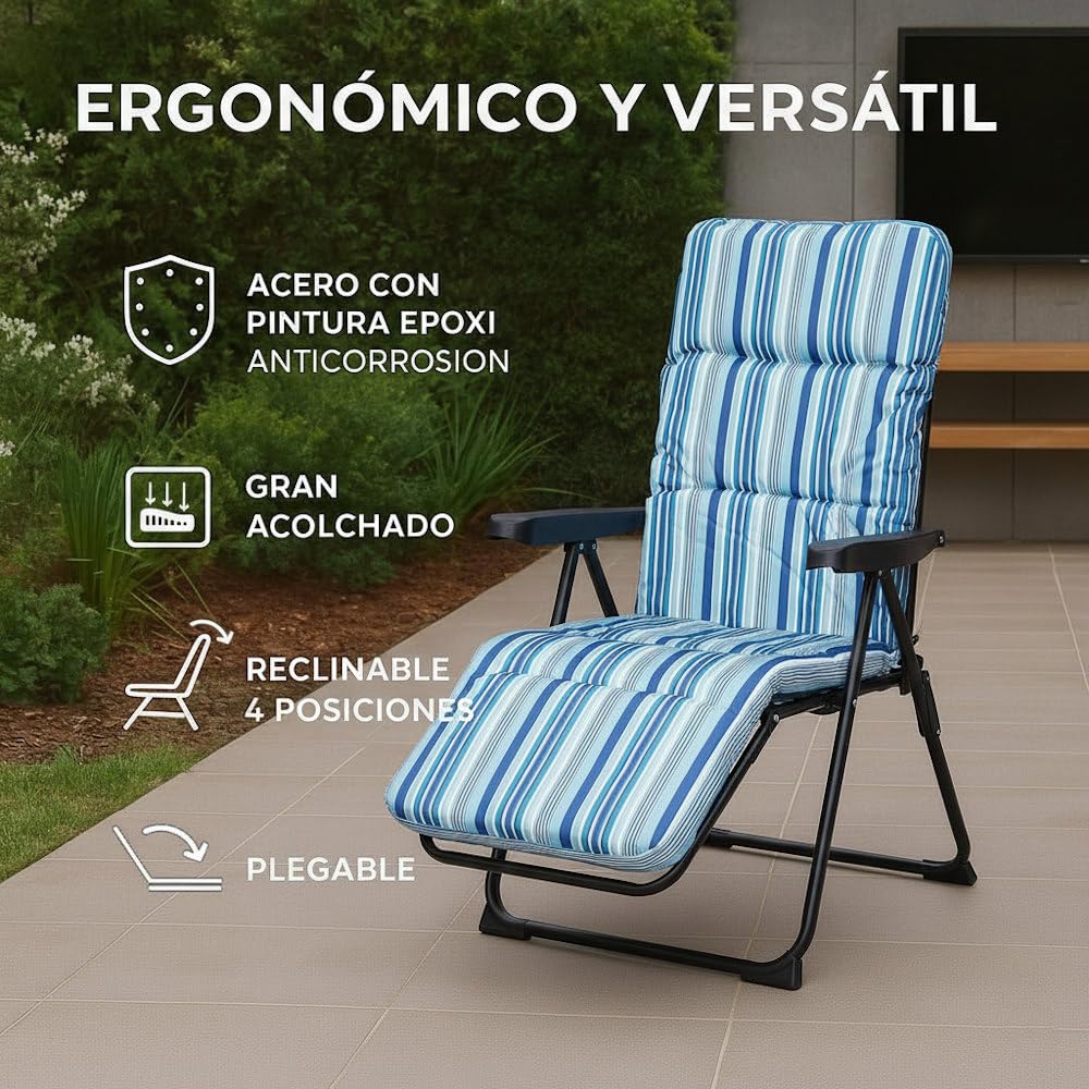LOLAhome Set de 2 Sillones de Jardín Acolchado, Reclinable con Reposapiés Azul. Estructura de Tubo de Acero anticorrosión y Lona a Rayas. Colchón de 5 cm de Grosor, Plegable. 61x58x106 cm.