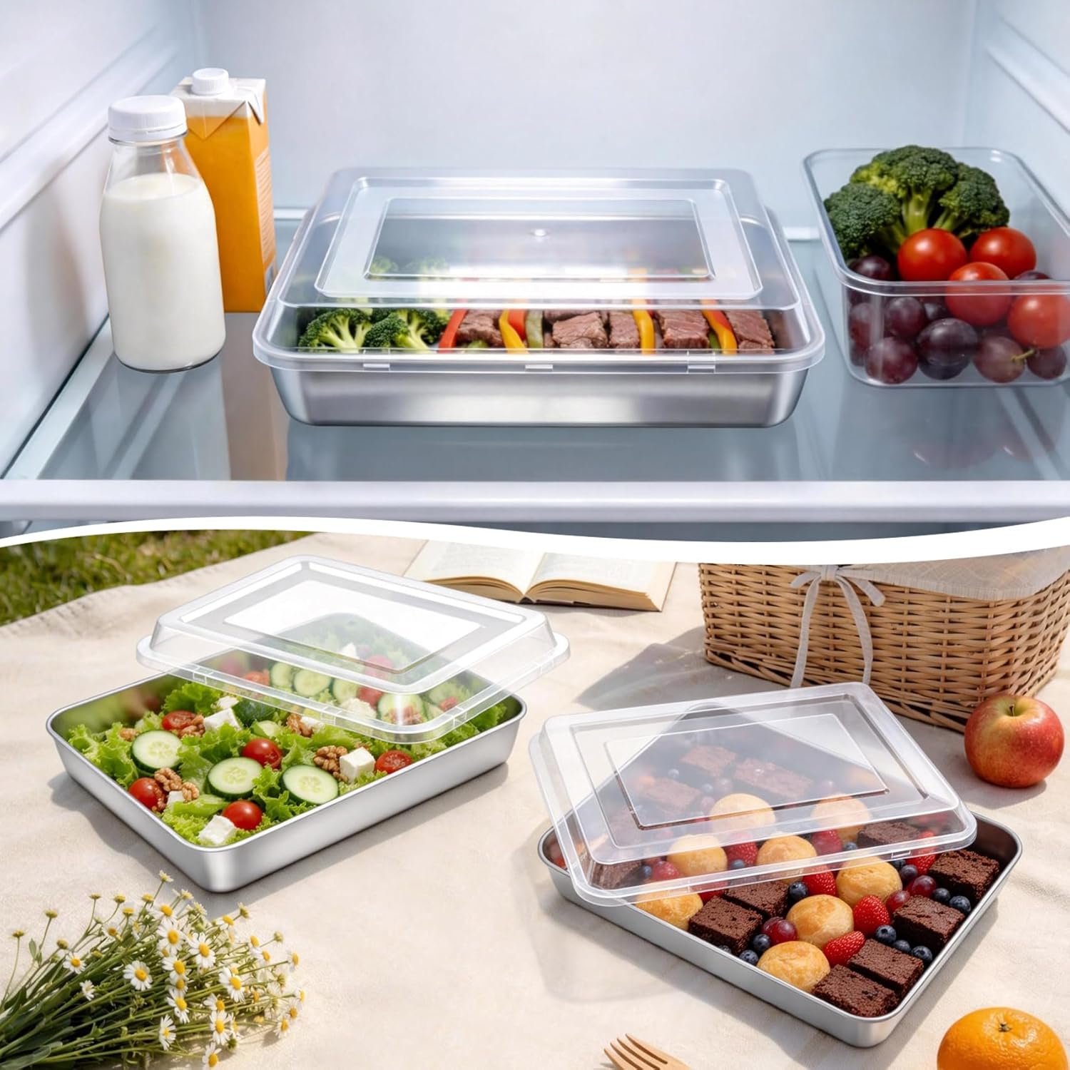 TeamFar 12.3’’ x 9.75’’ x 2’’ Lasagna Pan, Stainless Steel Rectangular Cake Pan with 2 PCS Plastic Lids For Roasting Baking, Healthy & Heavy Duty