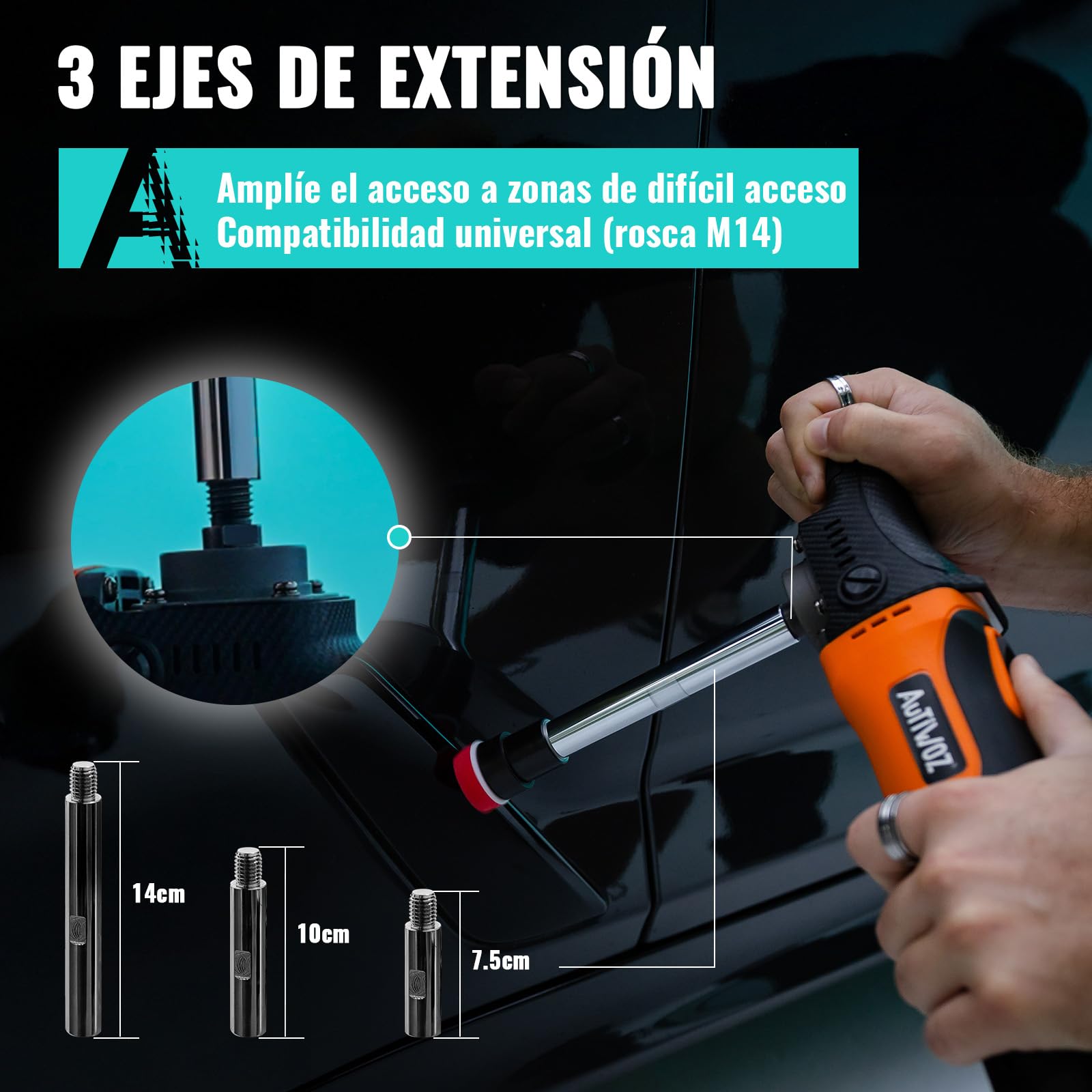 AUTIWOZ Set de Mini Pulidora de Coche Rotativa, Pulidora Pequeña 630W | Pulidora rotativa coche (630W/6 velocidades), mini pulidora con platos de 1/2/3", ejes de acero inoxidable (7,5/10/14cm)