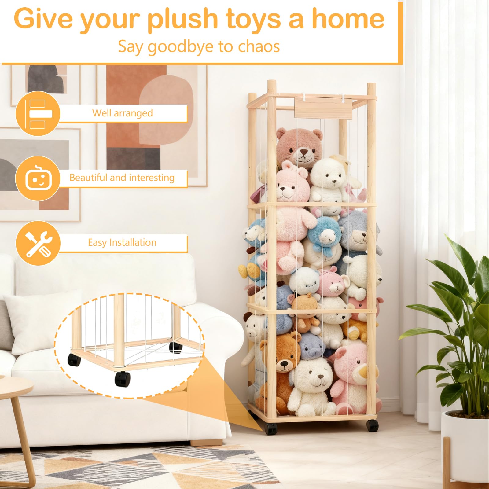 Almacenamiento Juguetes, Organizador Peluches de Madera con Reudas a 360°y Frenos Organizador Juguetes Infantil de Peluches Portaositos de Peluche para Habitaciones Infantiles, Salas de Juegos