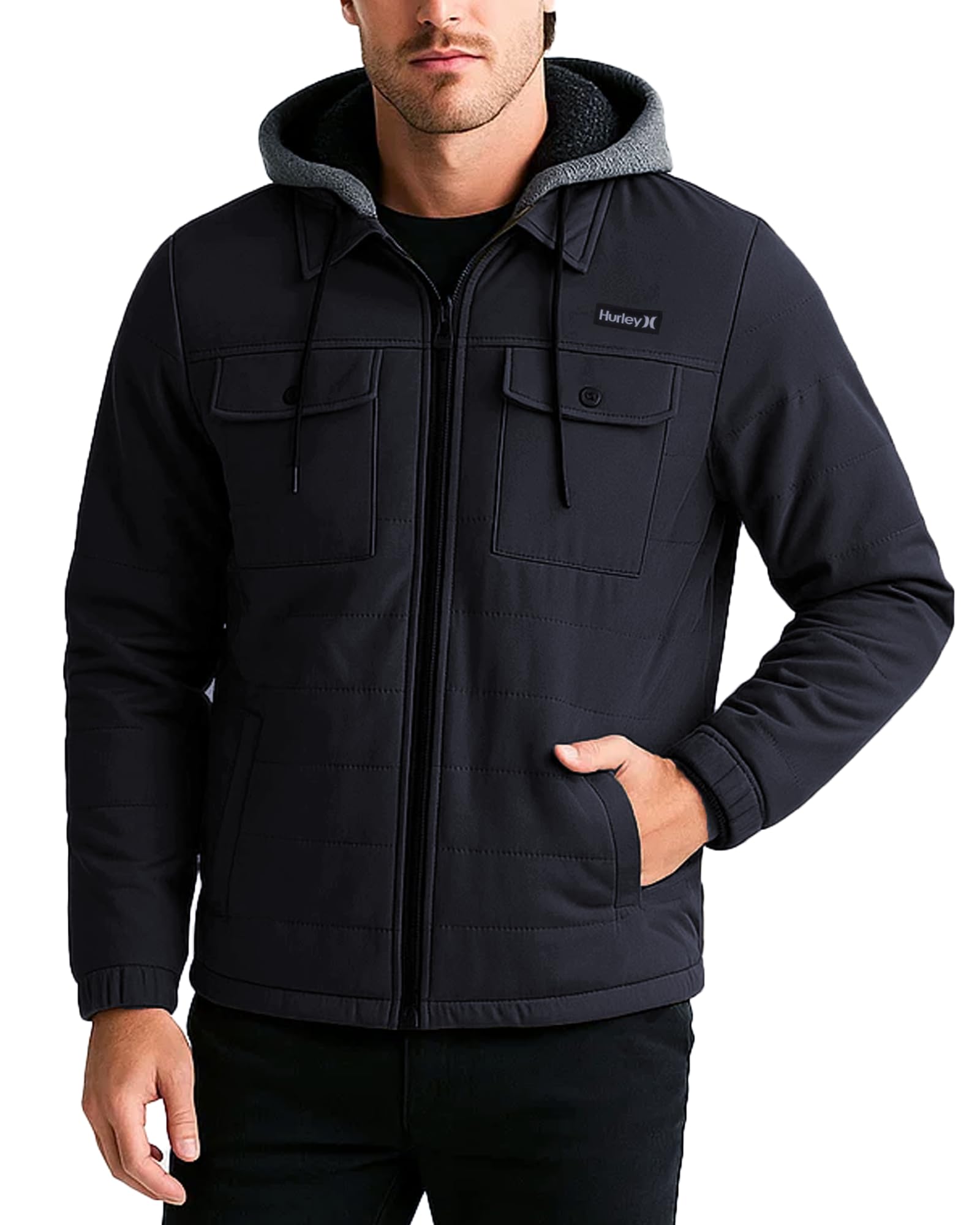 Hurley Men's Voyager Jacket - Warm Insulated Fleece Jacket with Cozy Sherpa Lining - Lightweight Hooded Jacket for Men (S-XL)