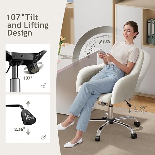 Miniatura 3 de Warmiehomy Silla de escritorio de terciopelo para oficina en casa, moderna silla giratoria ajustable, sillas de tocador para mujer con reposabrazos