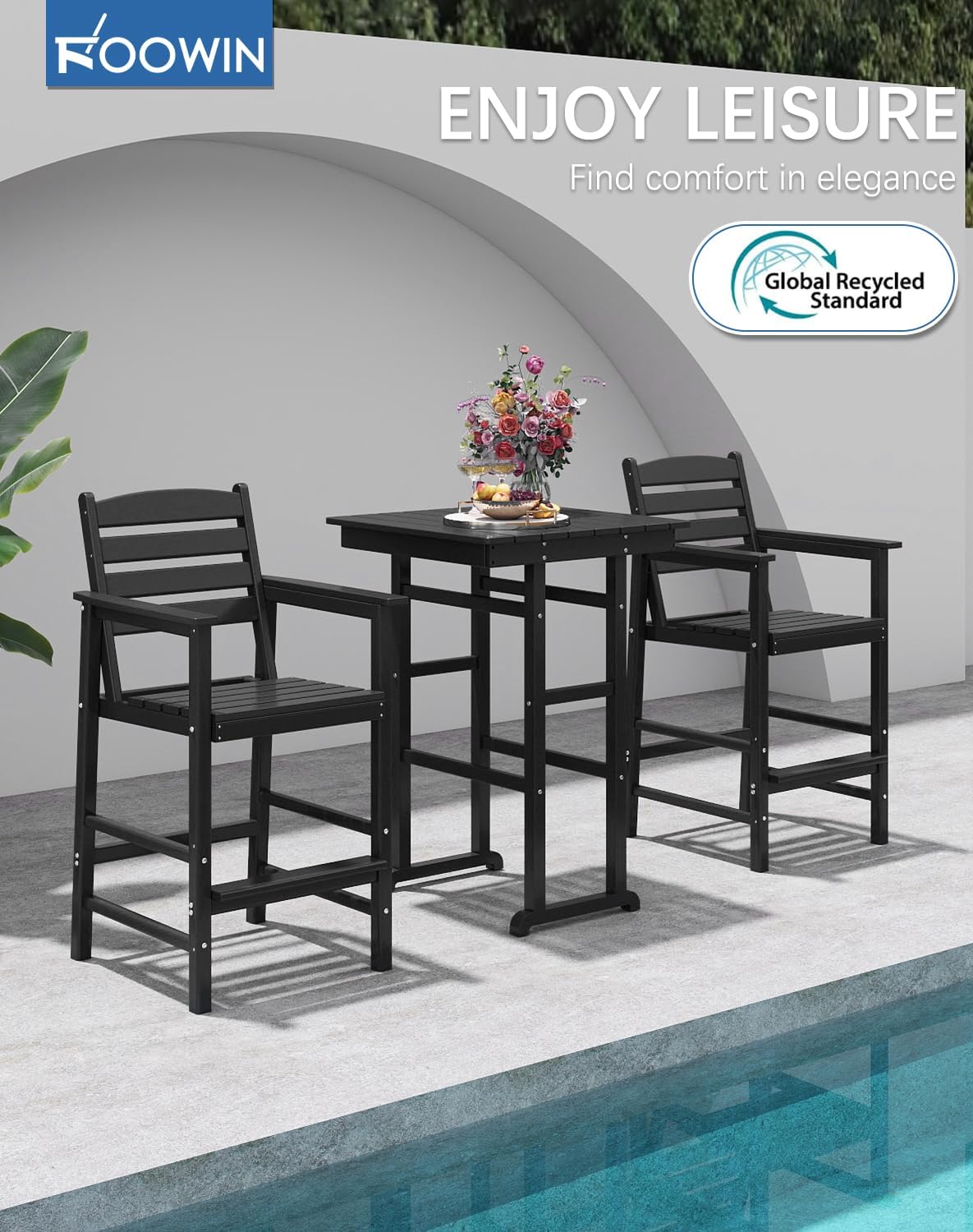 FOOWIN 3 Piece Outdoor Bar Height Table and Chairs, All Weather HDPE Patio Bar Set Outdoor Bistro Set,Adirondack Bar Chairs Set of 2 Outdoor Furniture for Bistro, Poolside, Backyard Black
