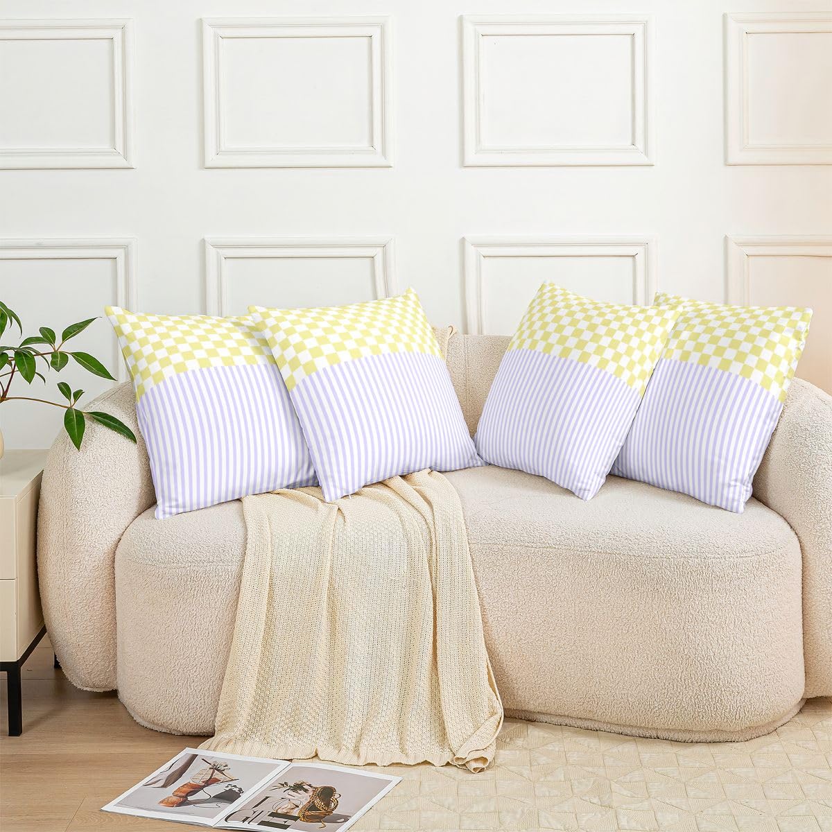 Homewish Poszewka na poduszkę w fioletowe paski, 4 sztuki, 20 x 50 cm, żółta, w kratkę, teksturowane paski, luksusowa dekoracyjna poszewka na poduszkę