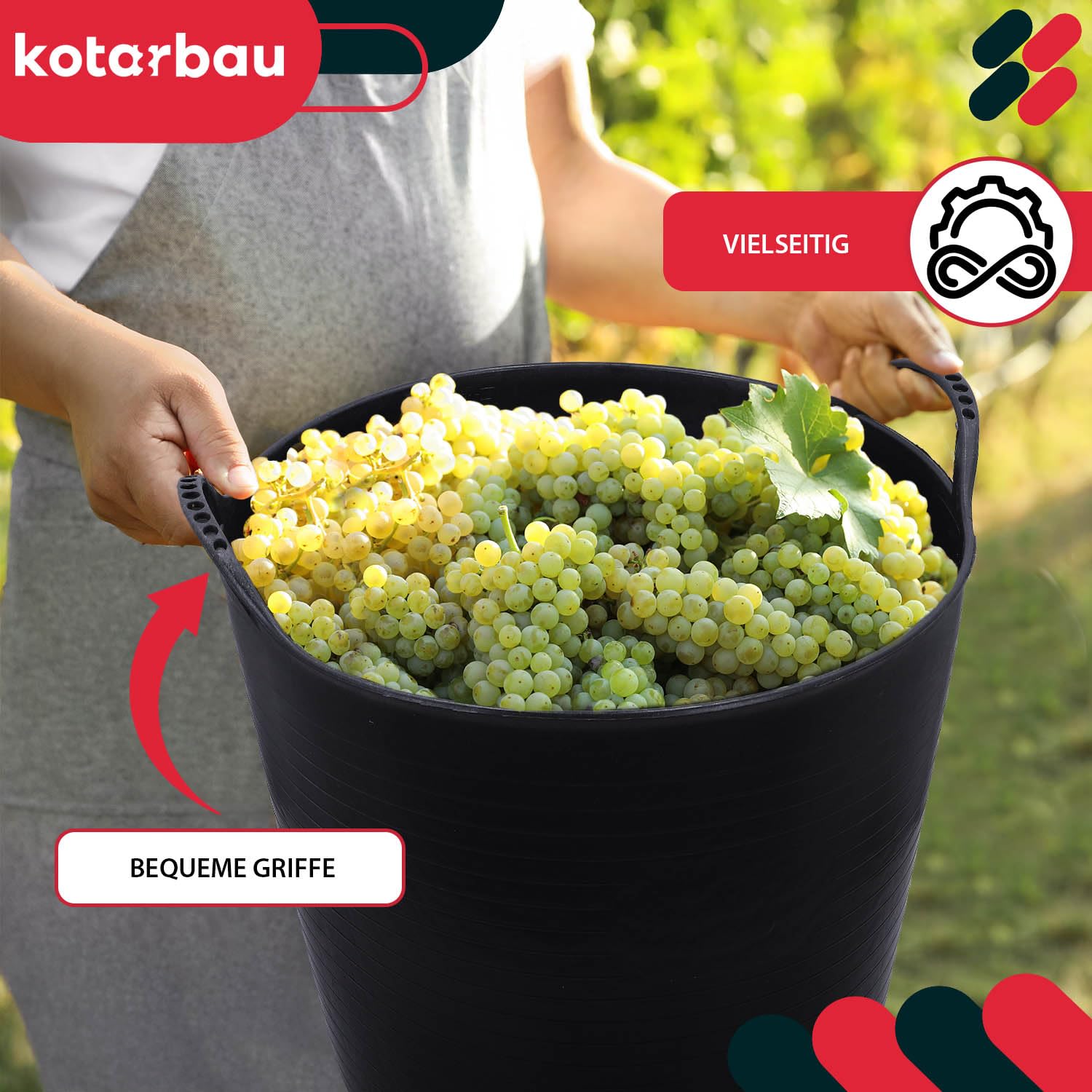 KOTARBAU® Elastischer Gummitrog Schwarz mit Tragegriffen Universal Flexibler Gartenkorb 42L