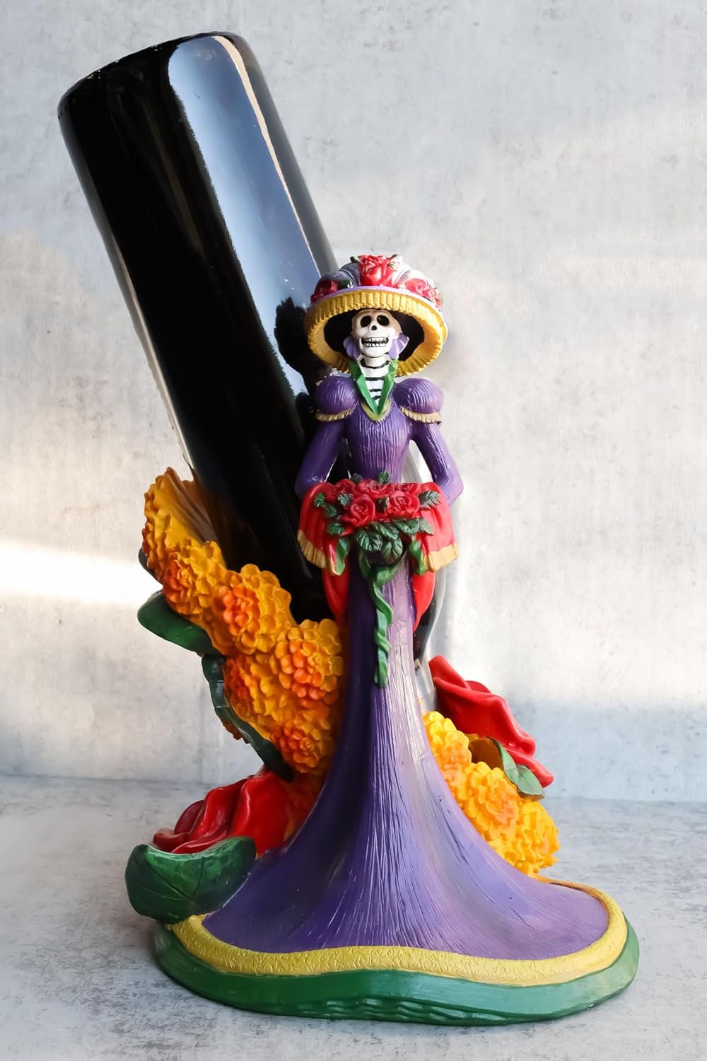 Ebros Gift Sugar Skull Day of The Dead Festival Floral Red Roses and Orange Flowers Gothic Calavera Dancing Lady Catrina Wine Holder Figurine 9.25" H