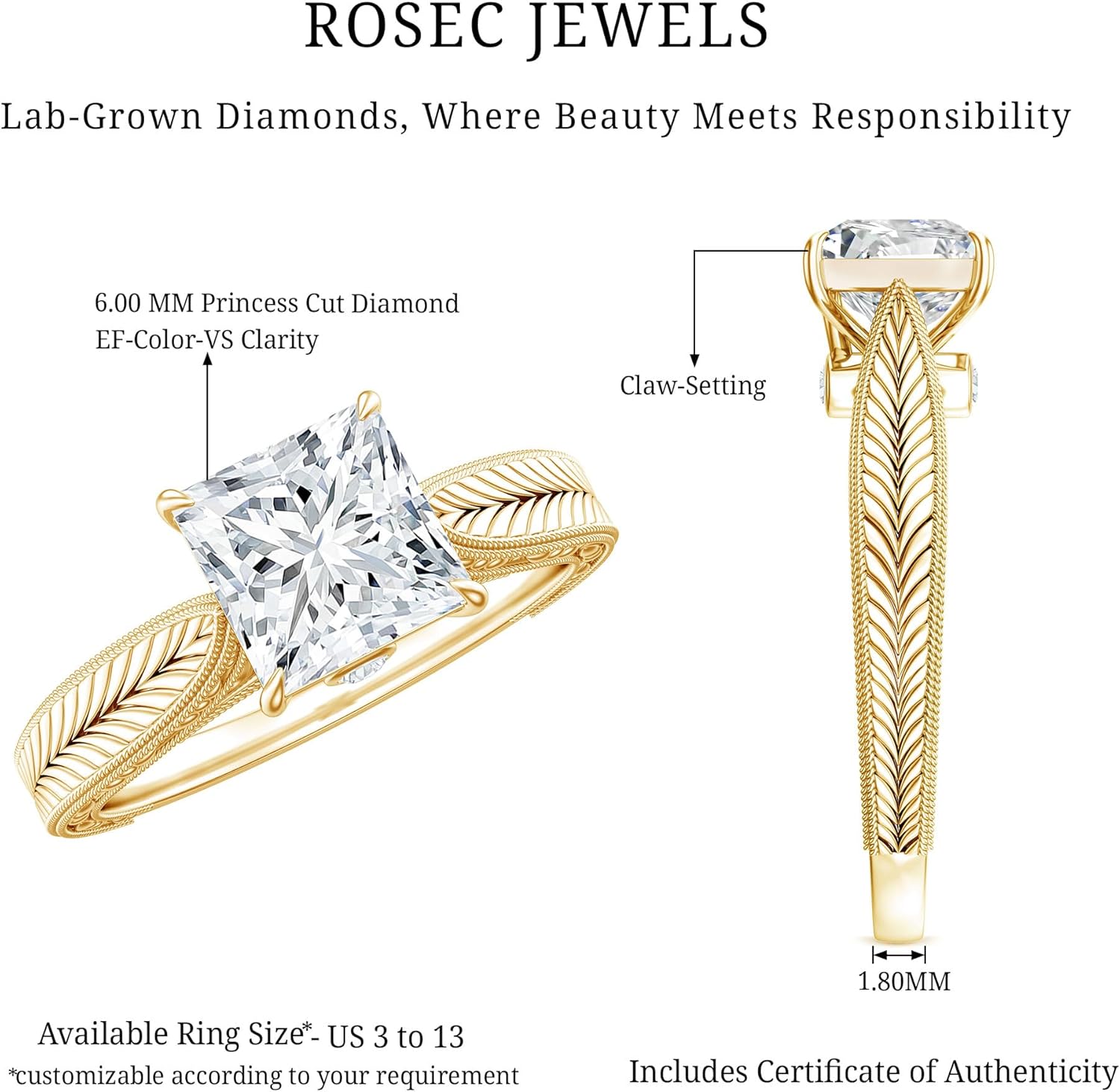 Certified 1 Carat Lab Grown Diamond Princess Cut Engagement Ring, Ef-Vs Quality, Vintage Inspired Diamond Engraved Ring