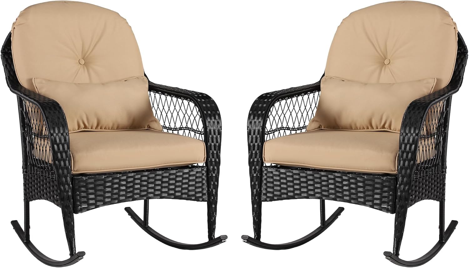 Outdoor Wicker Rocking Chair, All Weather PE Rattan Rocker with Cushion & Pillow, Outdoor Rocking Furniture for Garden, Porch, Backyard, Poolside (Black Rattan+Khaki Cushion)