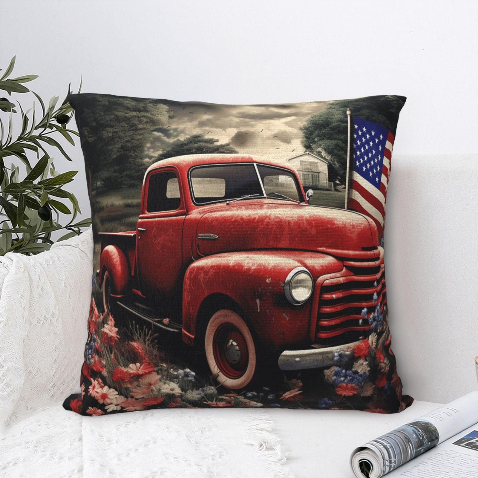 FodPand Luxury Velvet Throw Pillow Covers 24"x24" Super Soft Decorative Pillow Cases - 4th of July Patriotic Old Red Truck Pillowcases Modern Lumbar Cushion Cases for Couch Sofa Bed Pillow Shams
