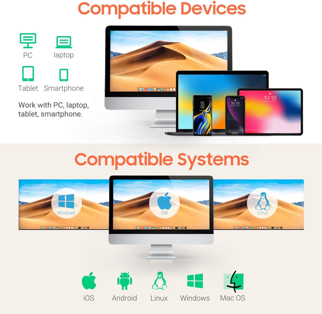 Diagram showing the Tera 6900 Barcode Scanner's compatibility with various devices like PCs, laptops, tablets, smartphones, and operating systems including Windows, iOS, Android, Linux, and Mac OS.