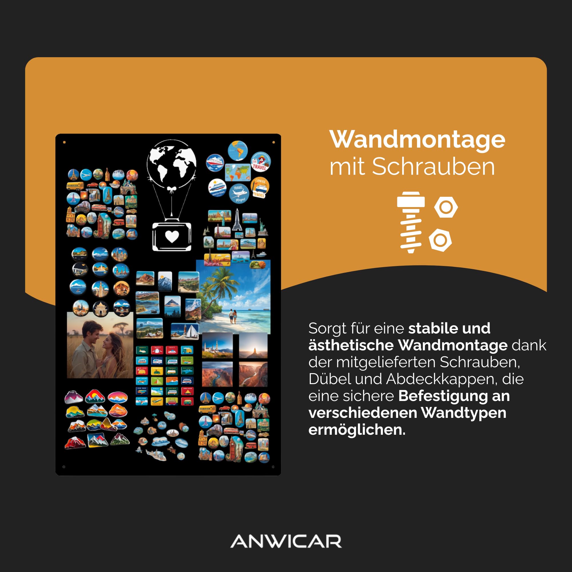 Magnettafel für Erinnerungen Koffer Schwarz 74x49 cm | Magnetisches Stahlboard für Magnete, Fotos und Notizen, Beschreibbar, Montageset inklusive
