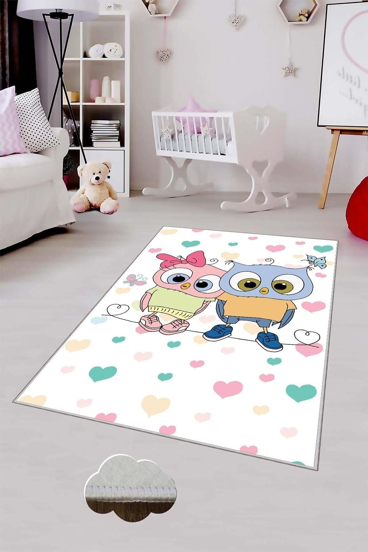 Pelangi Beyaz Kalp Ve Kuş Deseni Yıkanabilir Kaymaz Taban Leke Tutmazbebek Ve Çocuk Odası Halısı, Beyaz-Mavi 120 x 160, 901357098120160