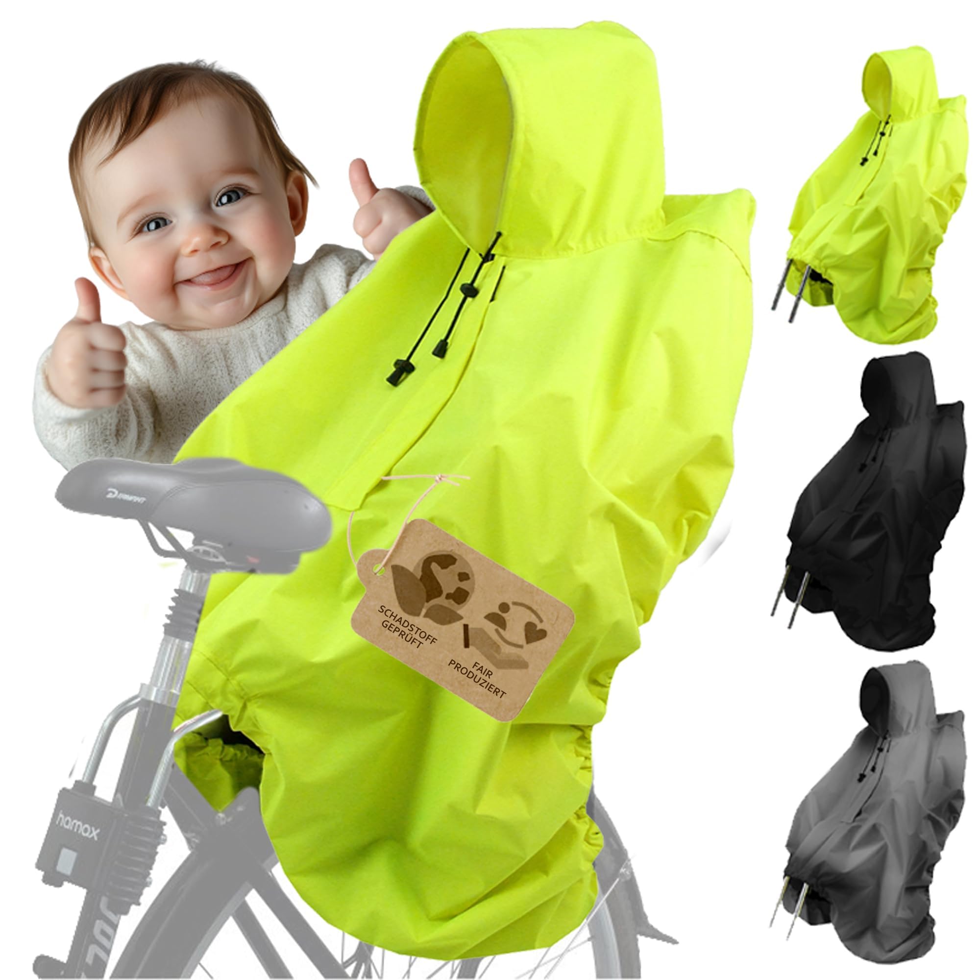 BambiniWelt by Rafael K. Cape de pluie [Poncho de pluie pour siège de vélo enfant] Siège de vélo Bandes réfléchissantes Protection contre la pluie universelle compatible avec Römer