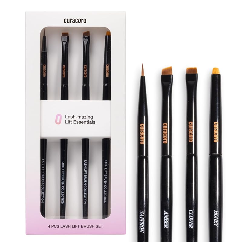Conjunto de 4 pincéis para lifting de cílios CURACORO, cerdas sintéticas macias e cabos de alumínio