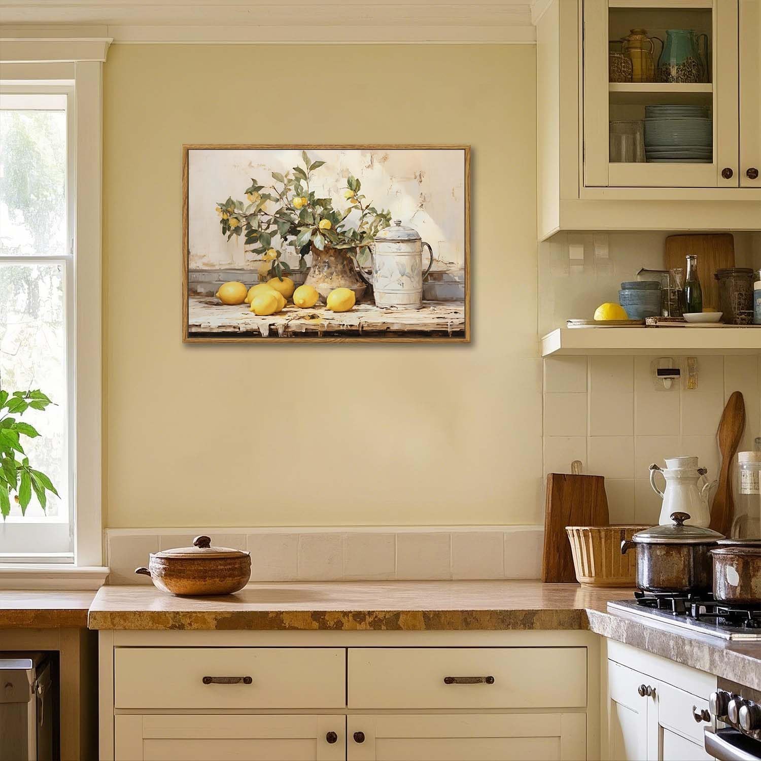 XLARTMY Framed Vintage Kitchen Wall Art, Yellow Lemon Still Life Wall Art Oil Paintings, Rustic Farmhouse Artwork Canvas Posters Prints Pictures for Living Room Bedroom 16x24In