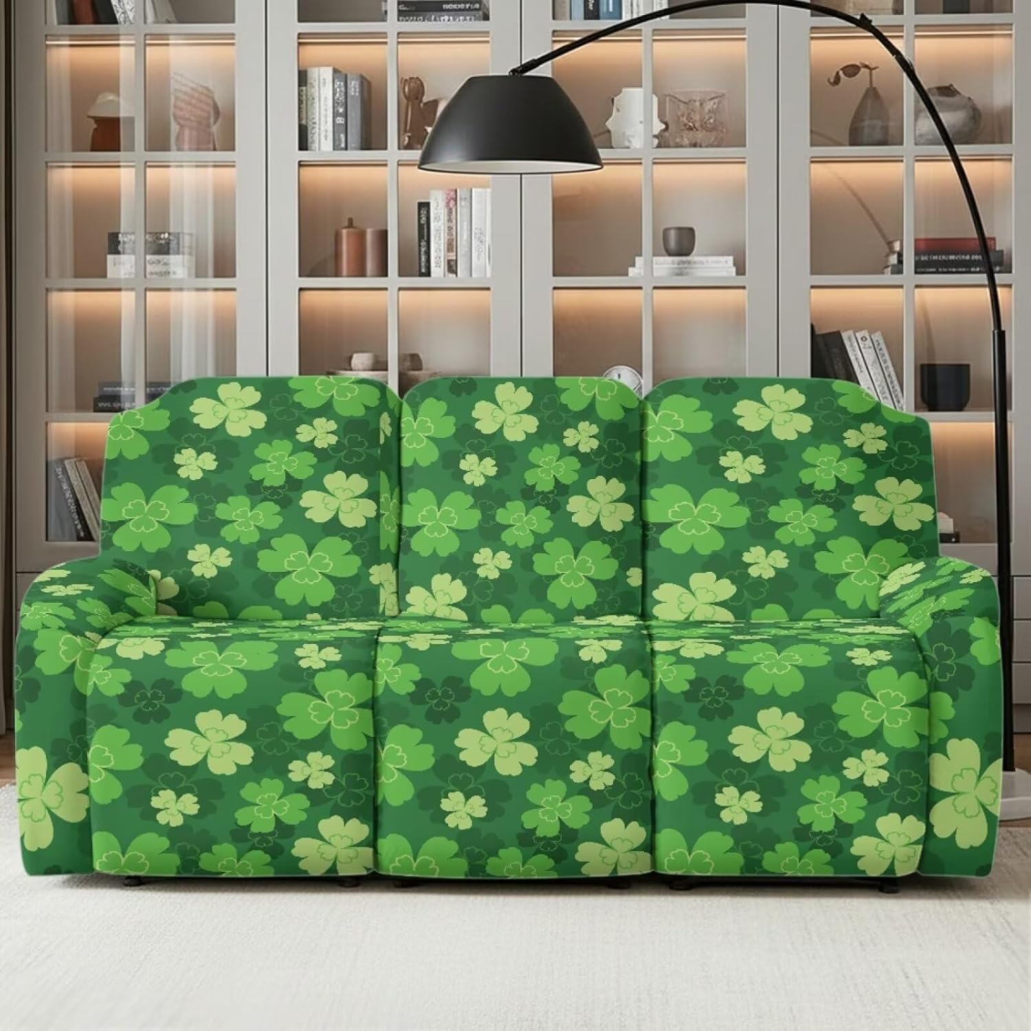 3 Seater Recliner Couch Covers Stretch Sectional Couch Slipcover for Reclining Sofa Chair St.Patrick's Day Shamrock Leaf Print Non-Slip Furniture Protective Covers