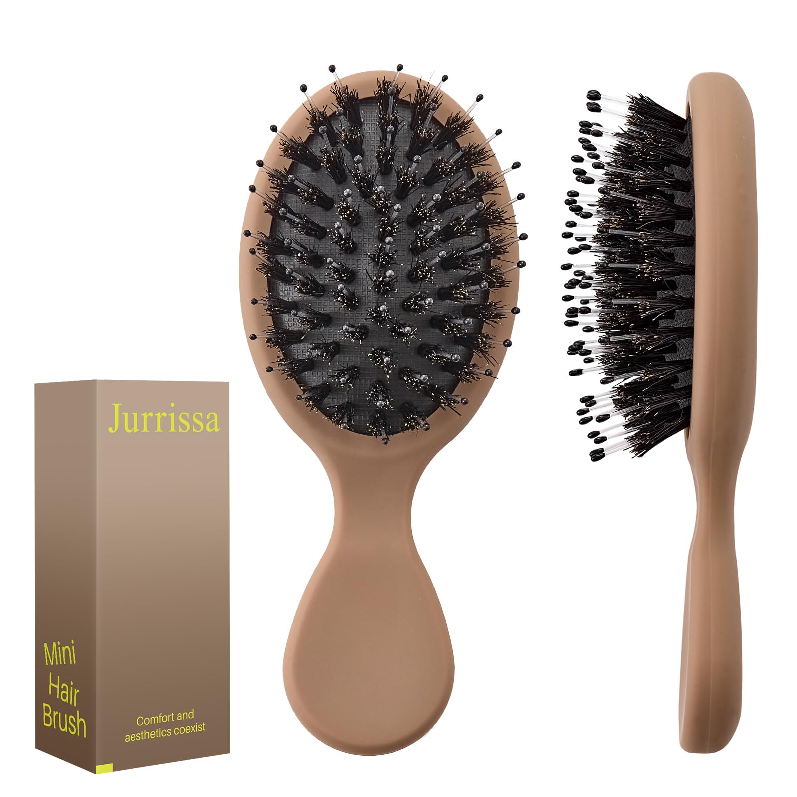 Jurrissa Mini Boar Bristles Hair Bursh, Travel Size Hair Brush for Women Men Kids, Protable Small Hair Brushes for Pockets Purses, Mini Hair Brush for