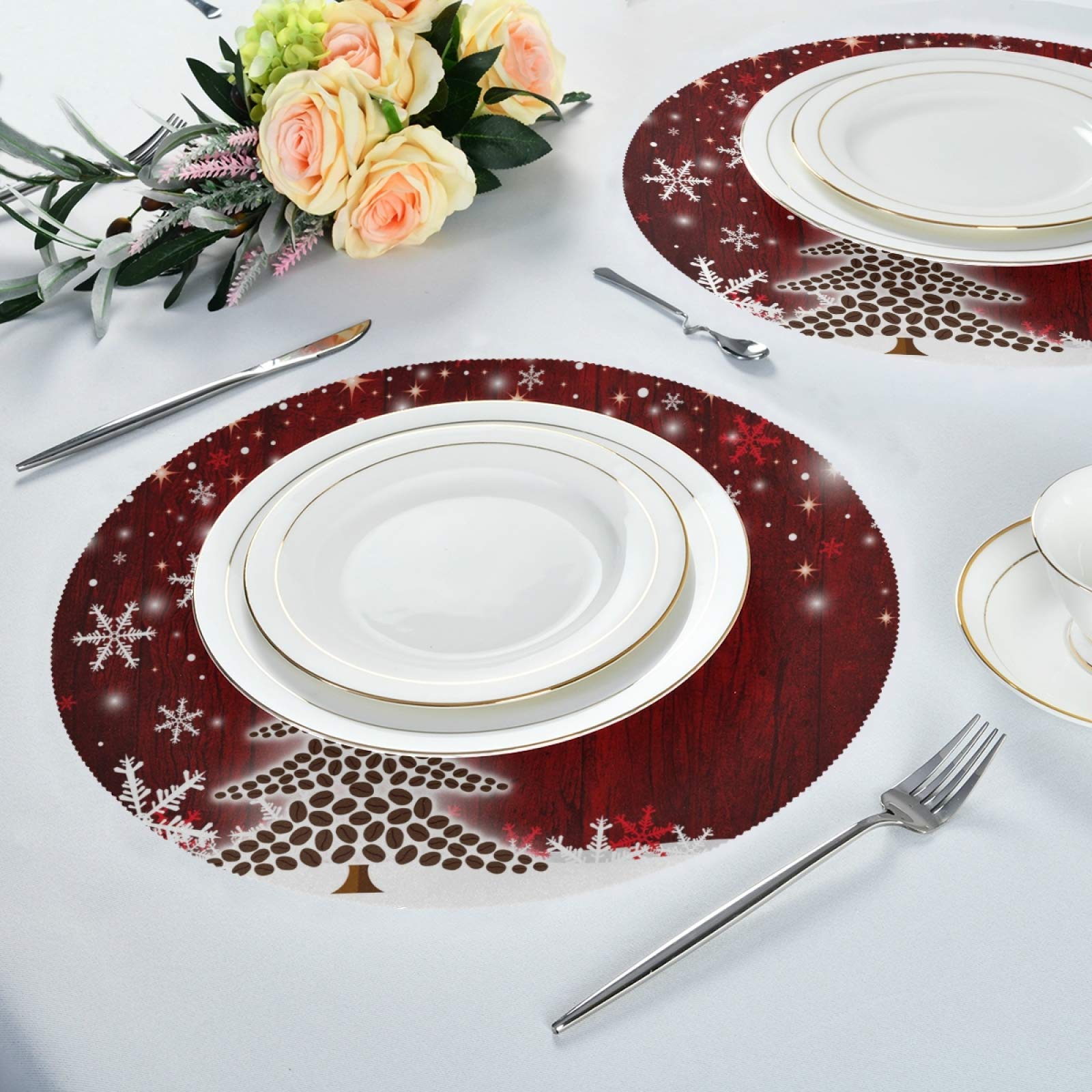 Christmas Tree Round Placemats Set of 6 for Dining Table Heat Insulation Non-Slip Washable Place mats