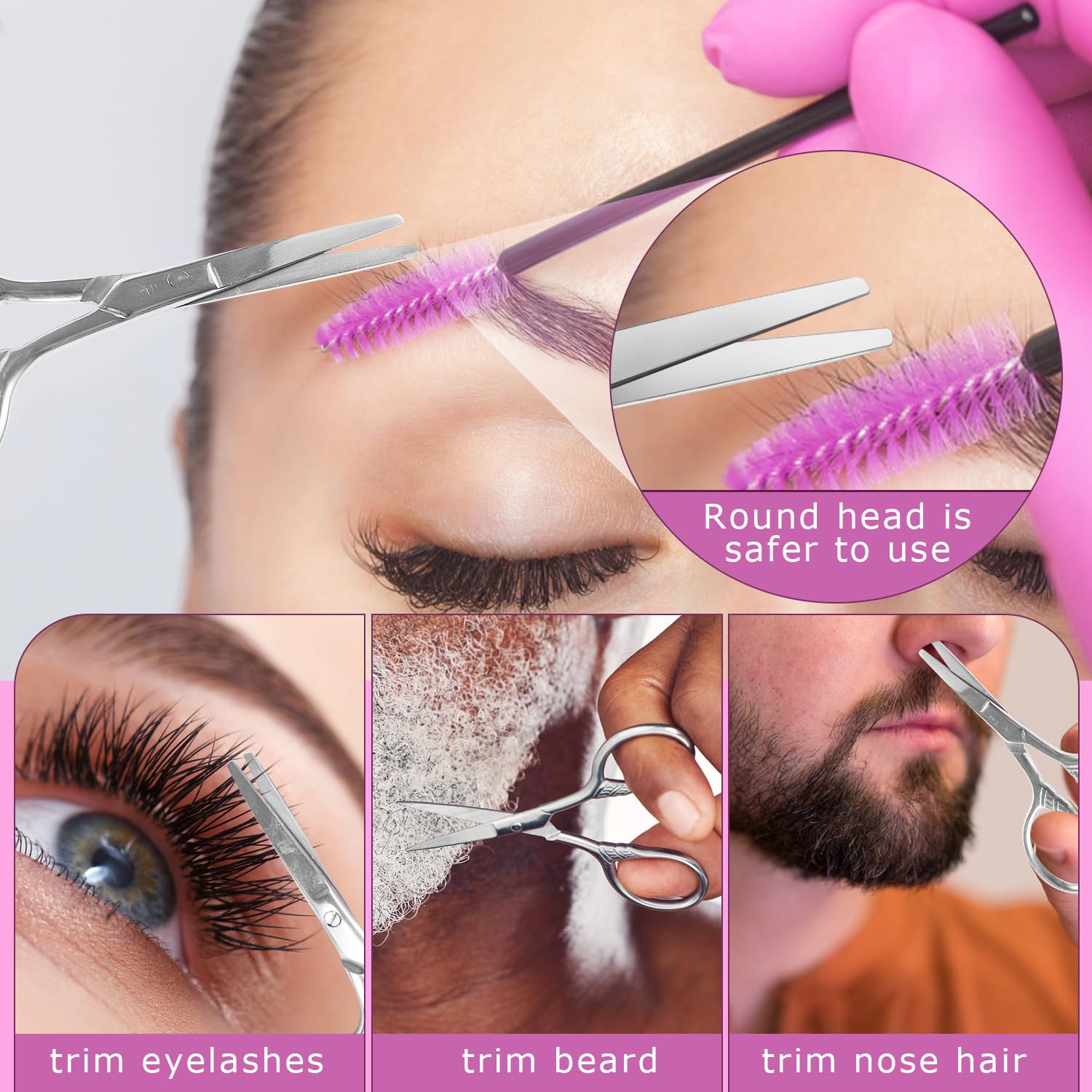 Lot de 2 paires de ciseaux à sourcils pour femme, 8,9 cm, tête ronde, ciseaux à poils pointus, adaptés pour les poils du visage, les sourcils, les cils, le nez, la barbe, étui en cuir synthétique