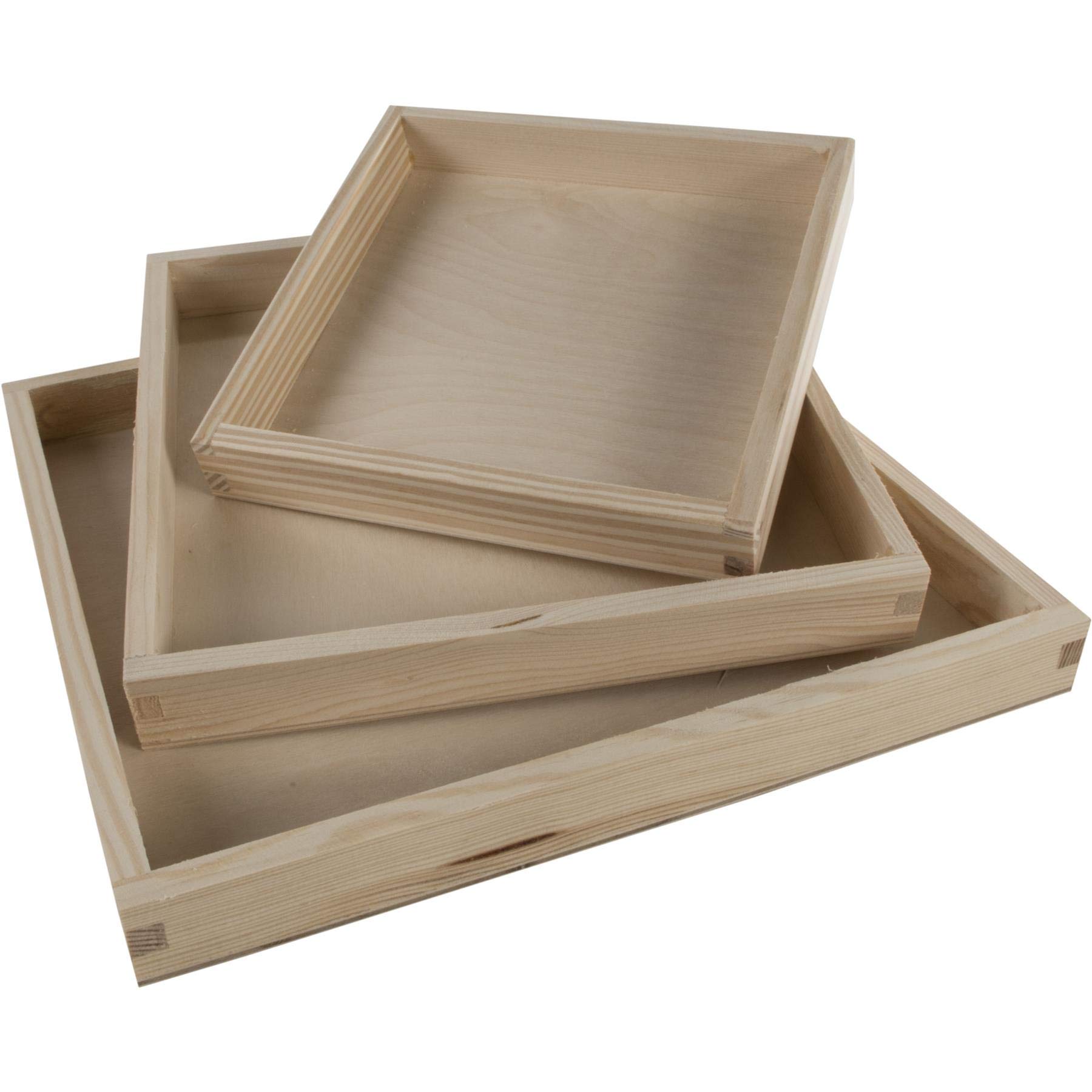 Woodeedoo Set Of 3 Square Shallow Wooden Display Trays Unfinished Pine Serving Storage Organiser Home Office Boxes Décor Keys Jewellery Coins Countertop Containers