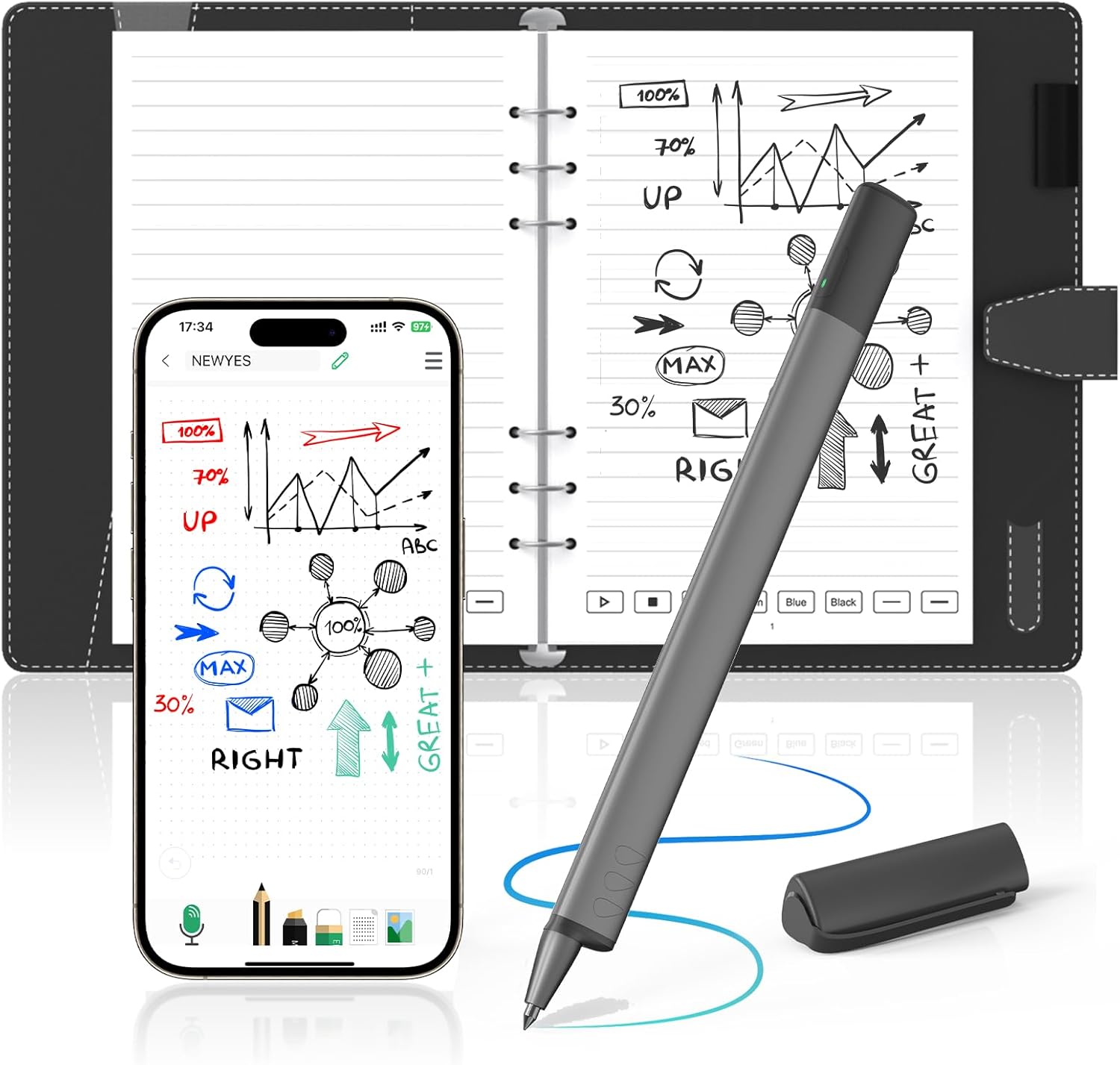 NEWYES Smart Digital Pen with Black Notebook & LCD Writing Tablet,Bluetooth,Wireless