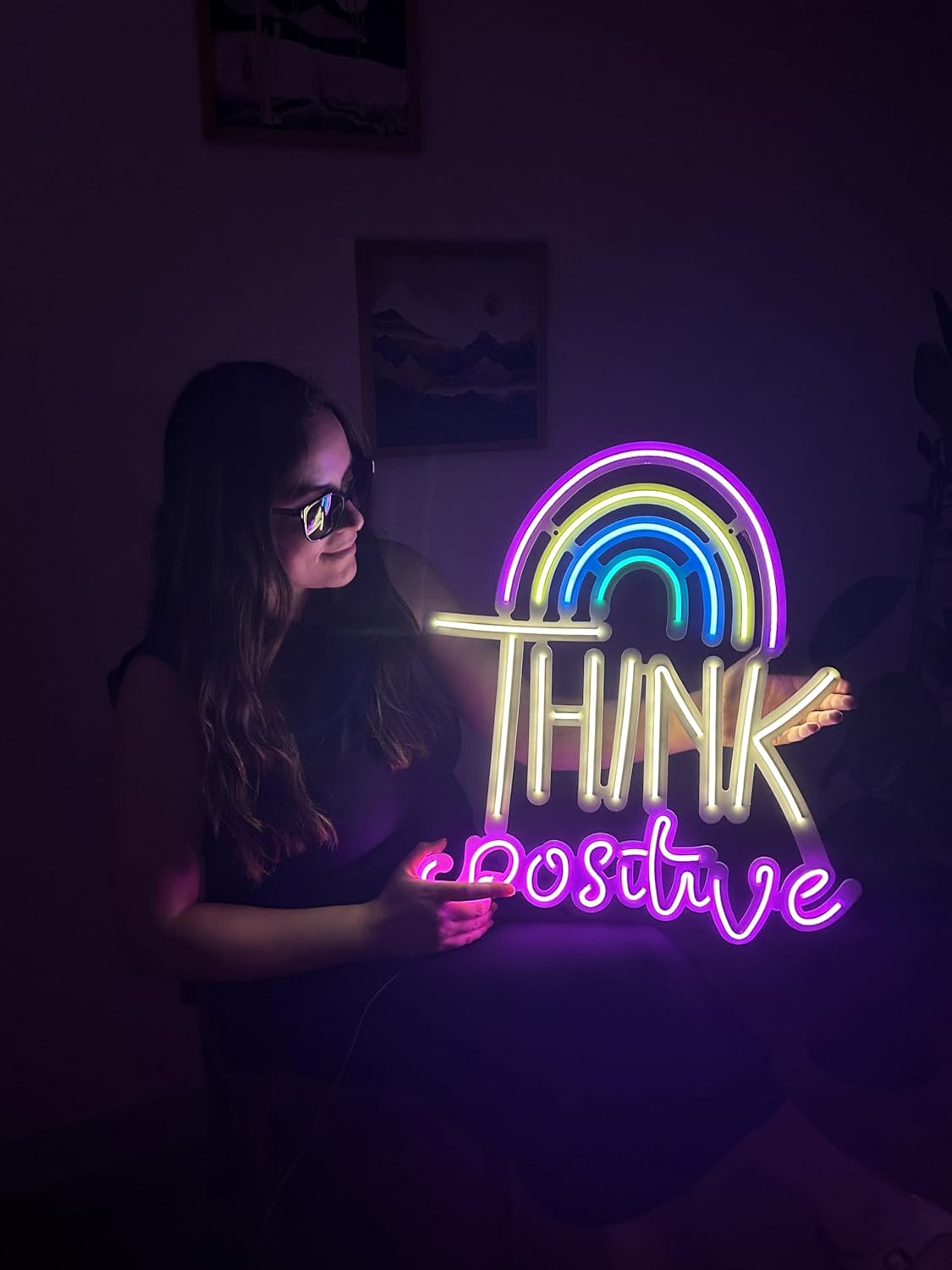 Think Positive Neon Metal Wall Art, Neon Wall Decor, Light Decor, Led Neon Sign,Neon Wall Decor, Neon Sign, Neon Wall Art, Home Decor, Wedding gifts,Rainbow Color, (With Remote Control)