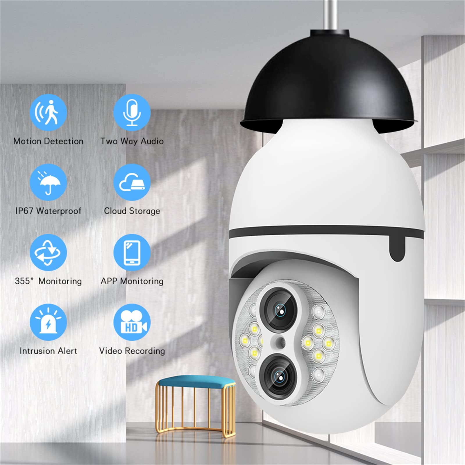 Caméra Ampoule Full HD 4MP Zoom 10X Double Objectif E27 Ampoule Caméra De Surveillance WIFI Suivi Automatique 360 PTZ Caméra IP Couleur Vision Nocturne Sécurité IP CCTV