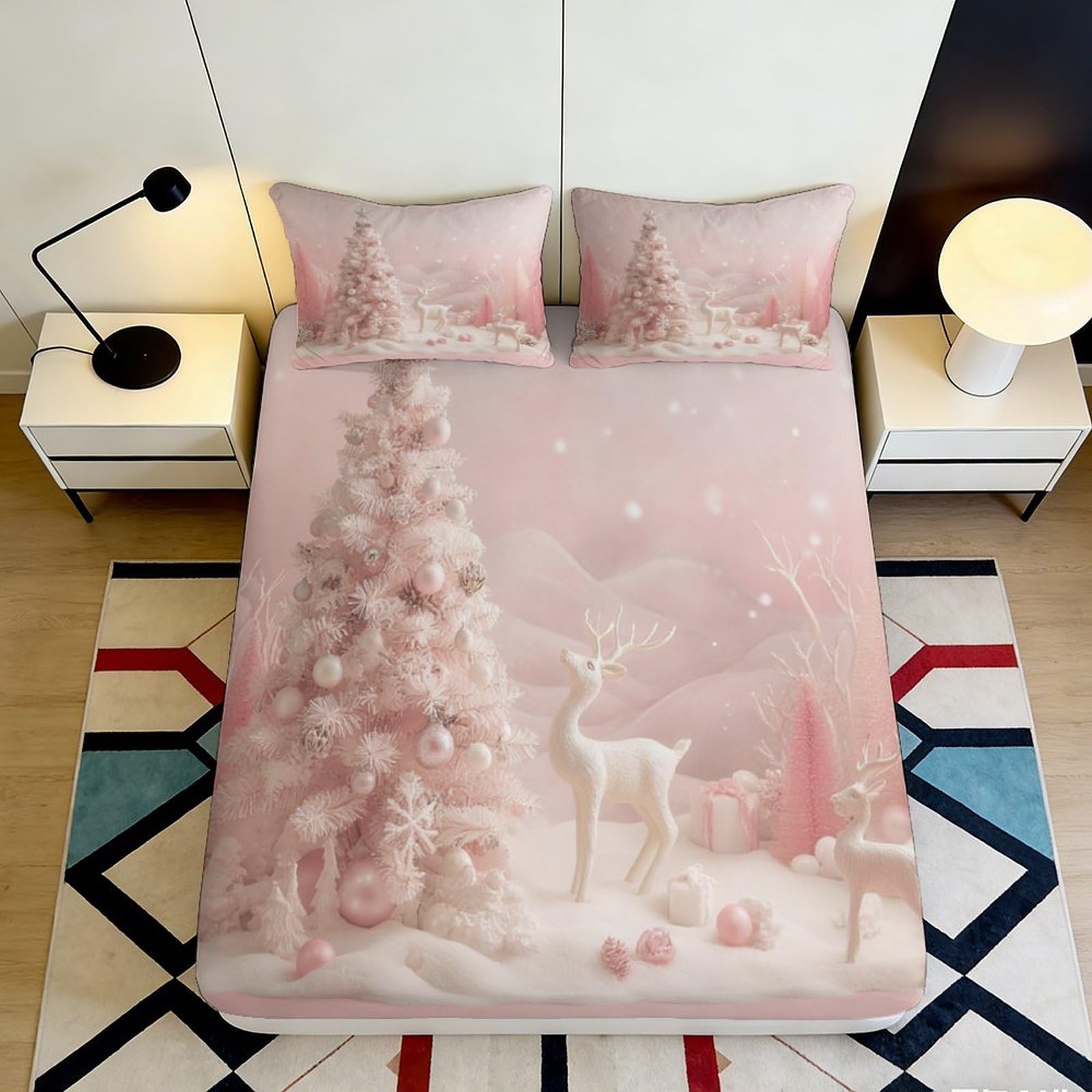 Pnayamiorkfel Style-6 3D Printed Pink Christmas Tree Fitted Sheet Microfiber Snowy Reindeer Mattress Cover For Bedroom Dorm Soft Washable Decor 90X200x25cm