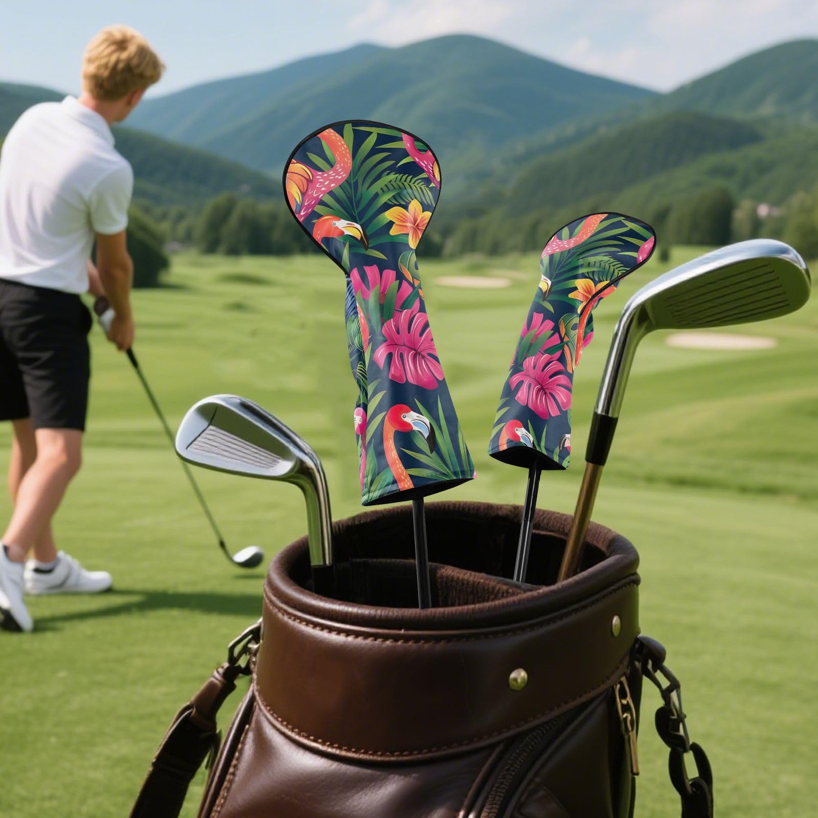 Tropische Blätter, Flamingo-Grün, Golfschlägerhauben für Damen und Herren, PU-Leder, Golfschlägerhauben mit Nummernschildern für Hybrid-Holz