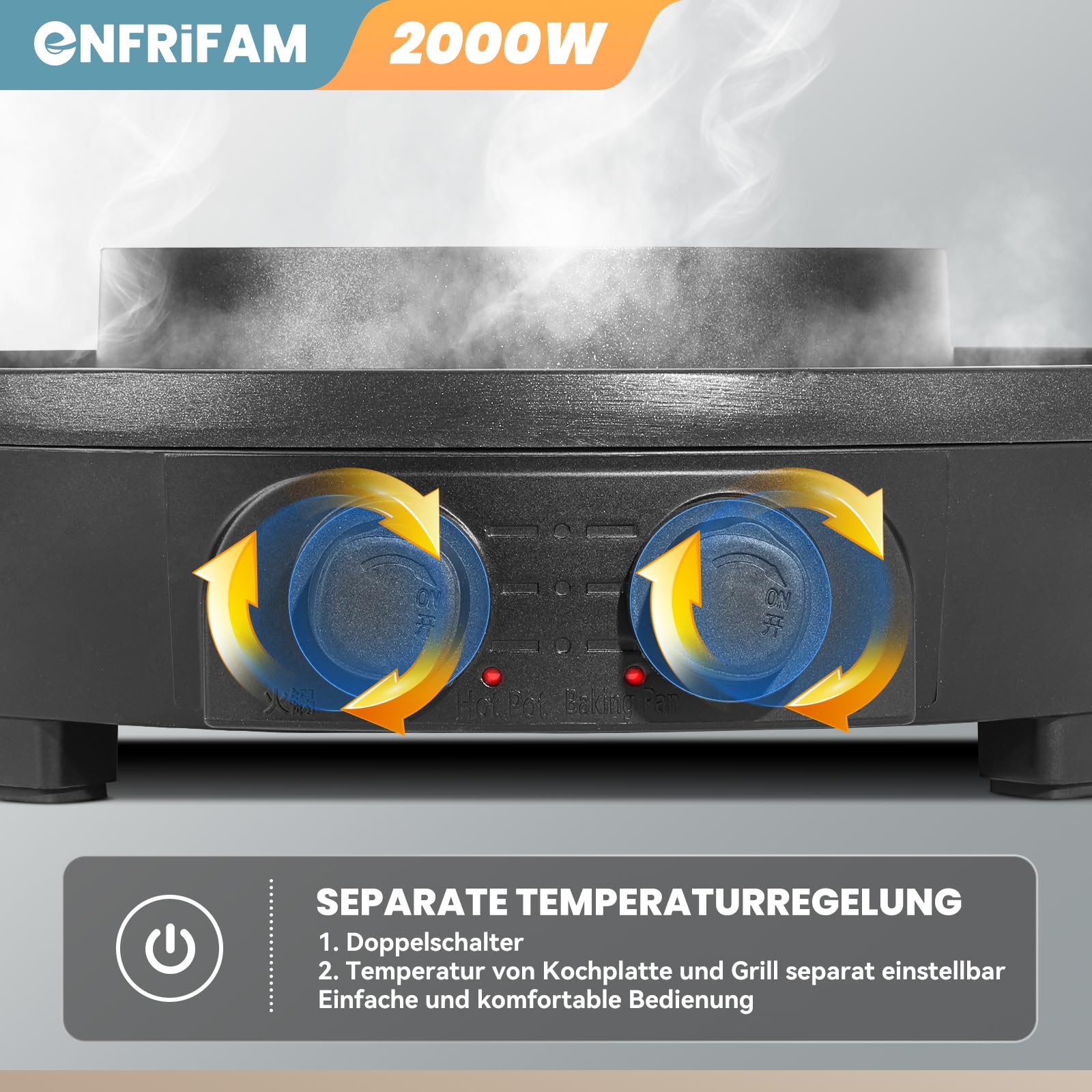 Elektryczny garnek 2 w 1, 2000 W, elektryczny garnek i grill, grill elektryczny 2 w 1, równomierne ogrzewanie z niezależnym (39 cm – zdejmowane garnki do zupy)