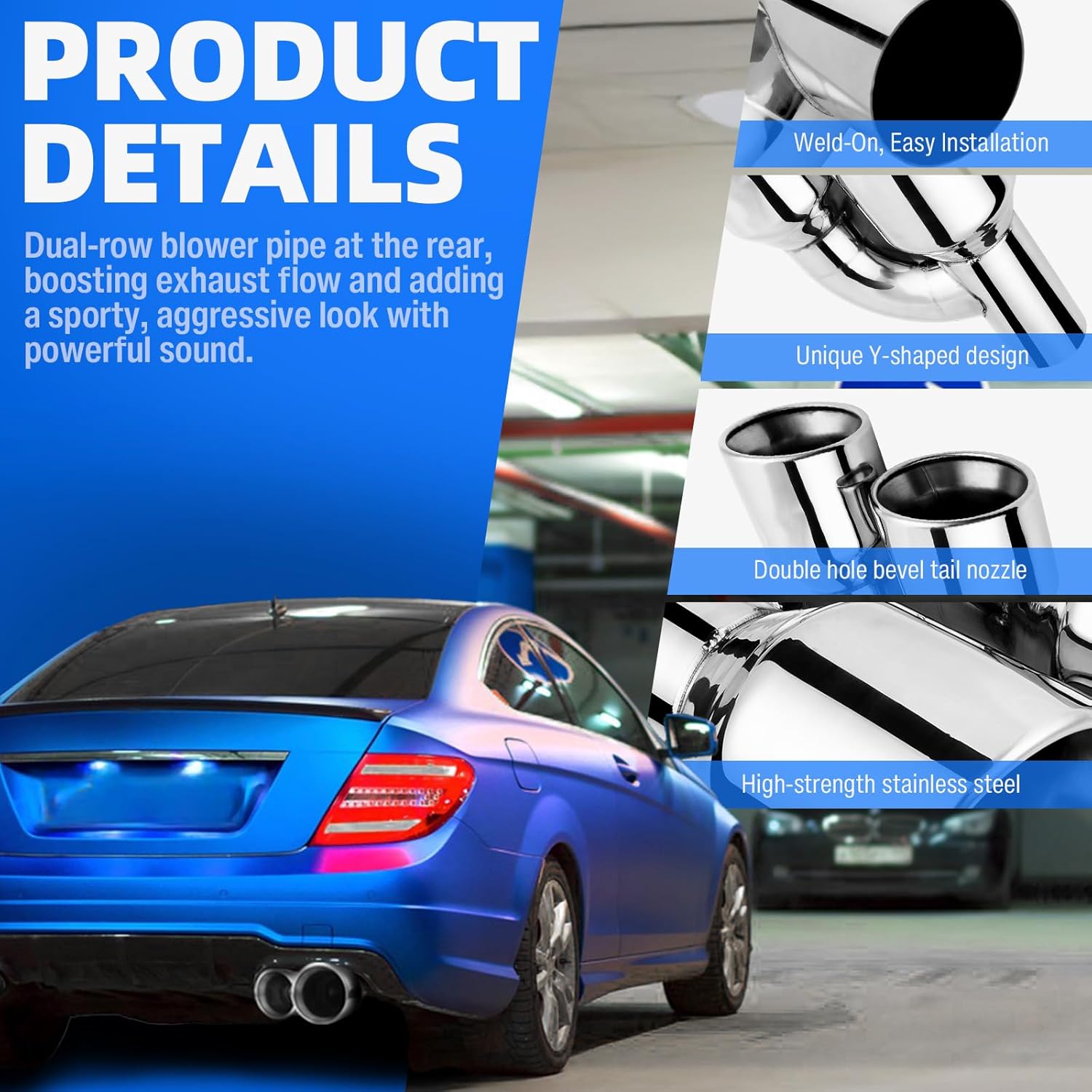 2PCS Offset 2.5" In Quad 4" Outlet 11.5" Length Dual Exhaust Tip Polished Stainless Slant Cut Double Wall Exhaust Tailpipe Tip Compatible with Chevrolet Camoro Mercedes-Benz Ford Mustang GT F-150