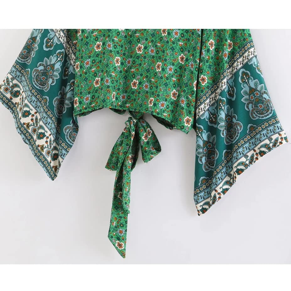 Kimono verde de rayón estilo wrap con estampado floral vintage 2