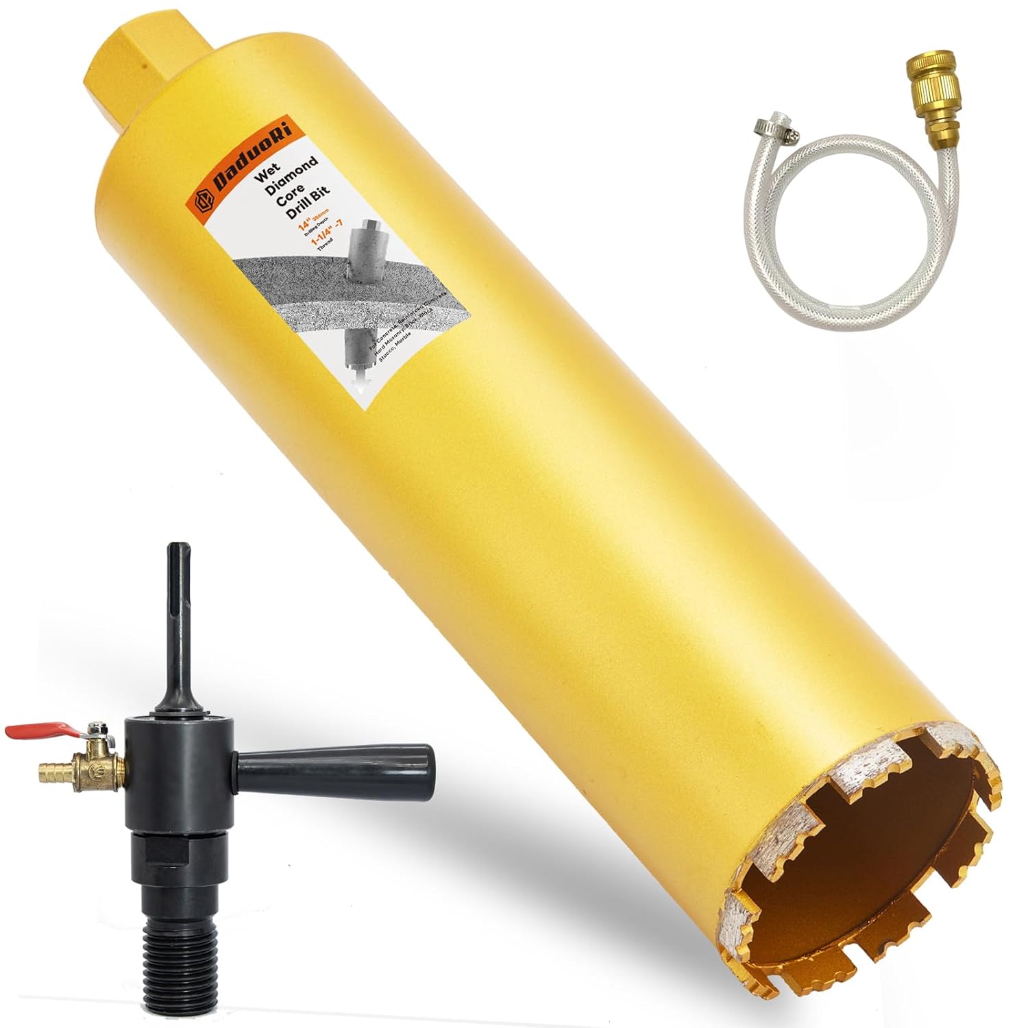 4-1/4" Wet Core Drill Bit with Water Injection Capable Adapter for SDS Plus Shank - Includes Solid Brass Quick Connector and Hose - Convenient 1 1/4"-7 Thread Core Bit with Water Feed Design