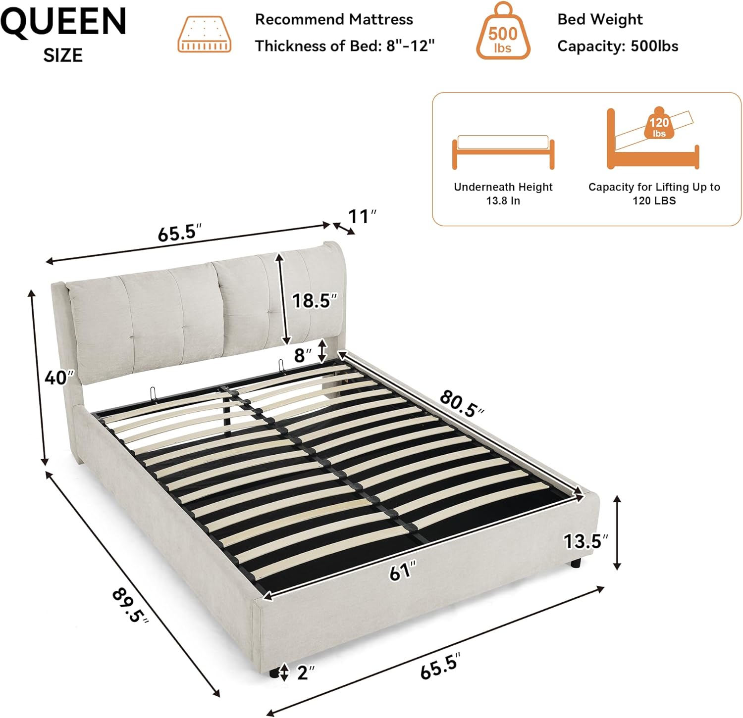 Lift Up Storage Bed Queen with Soft Headboard, Chenille Cloud Bed Frame, Upholstered Storage Beds with Hydraulic System & Solid Wood Slats Support, No Box Spring Needed, Beige