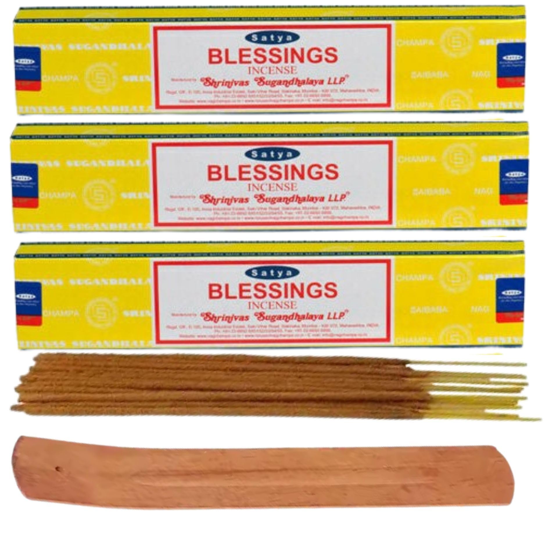 Satya Nag Champa Incense Sticks Pack of 3 X 15G with Free Holder Agarbatti for Home, Outdoor, Aromatherapy, Spa, Yoga, Meditation, Healing (BLESSINGS PACK OF 3 Free Holder)