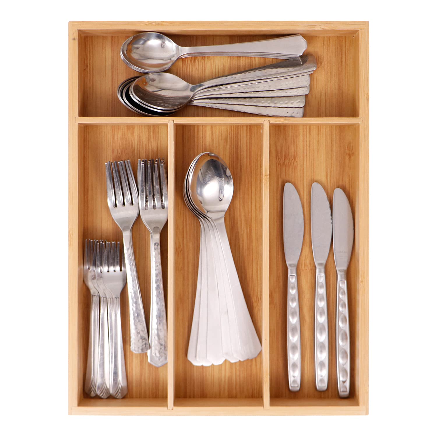 HOKIPO 4 Compartments Bamboo Cutlery Tray for Kitchen Drawer | Cutlery Holder Organiser Storage Tray (AR3671)